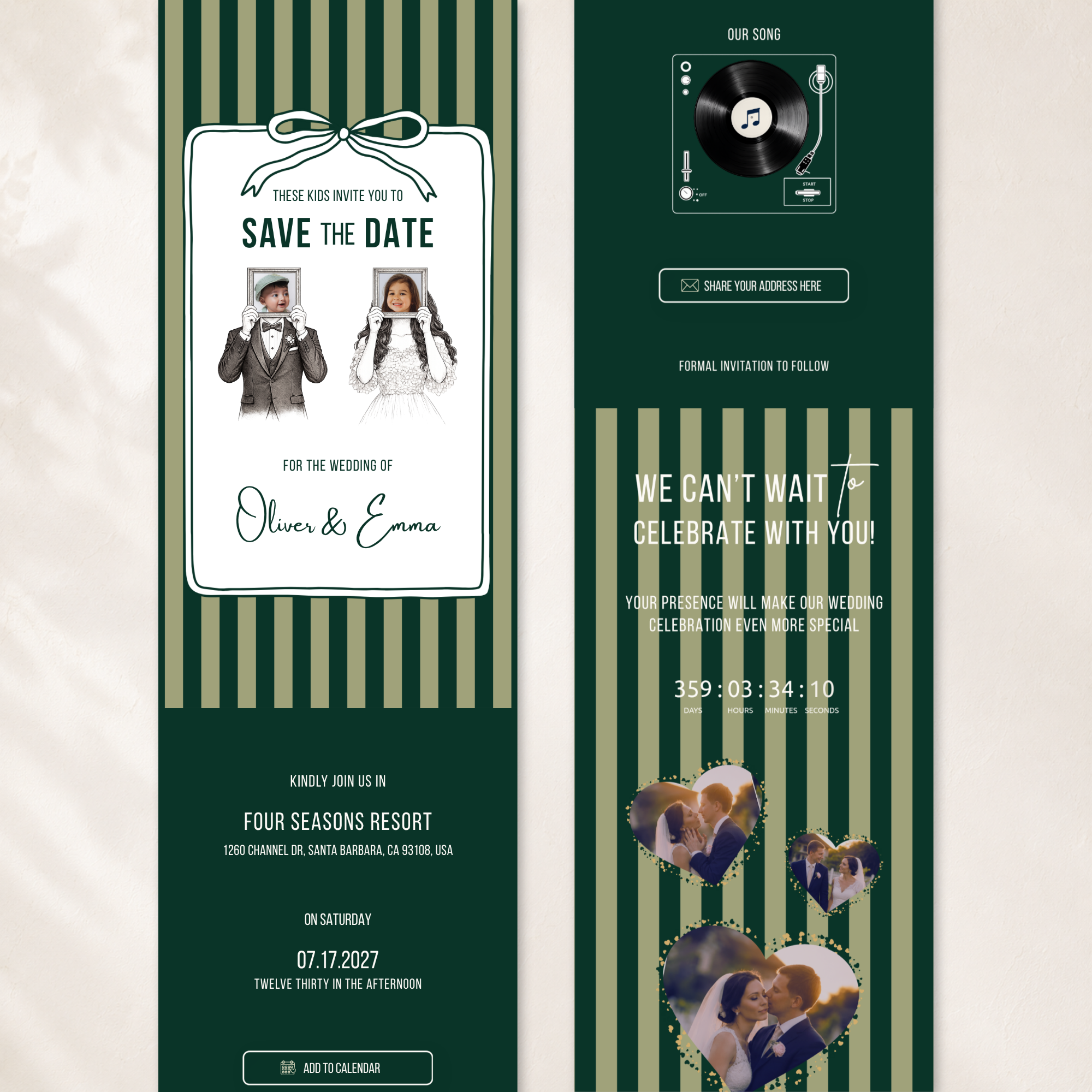 Emerald Green Kids Save the Date Website Template | Old Money Style