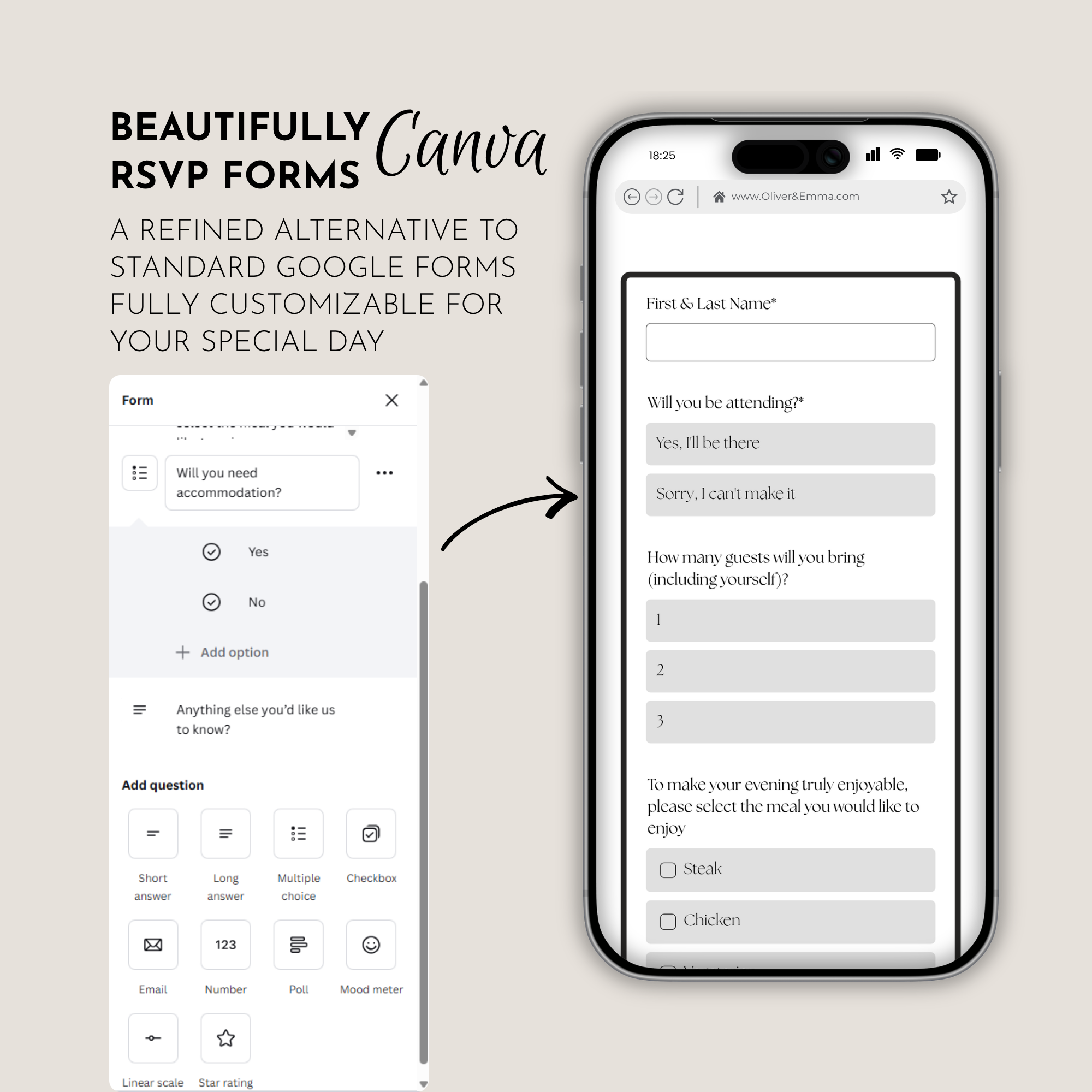 White & Beige Wedding Website Template with RSVP | Canva Template