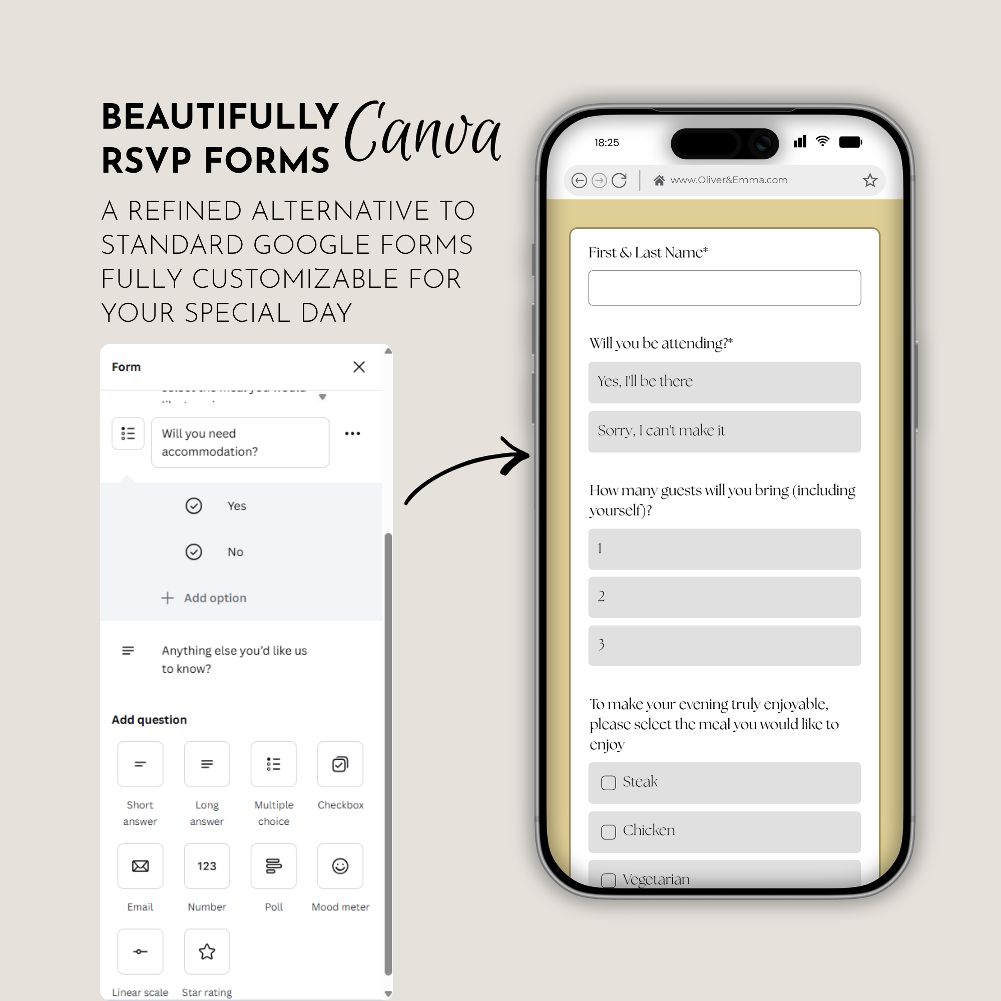 Canary Wedding Invitation Website Template with RSVP & Music
