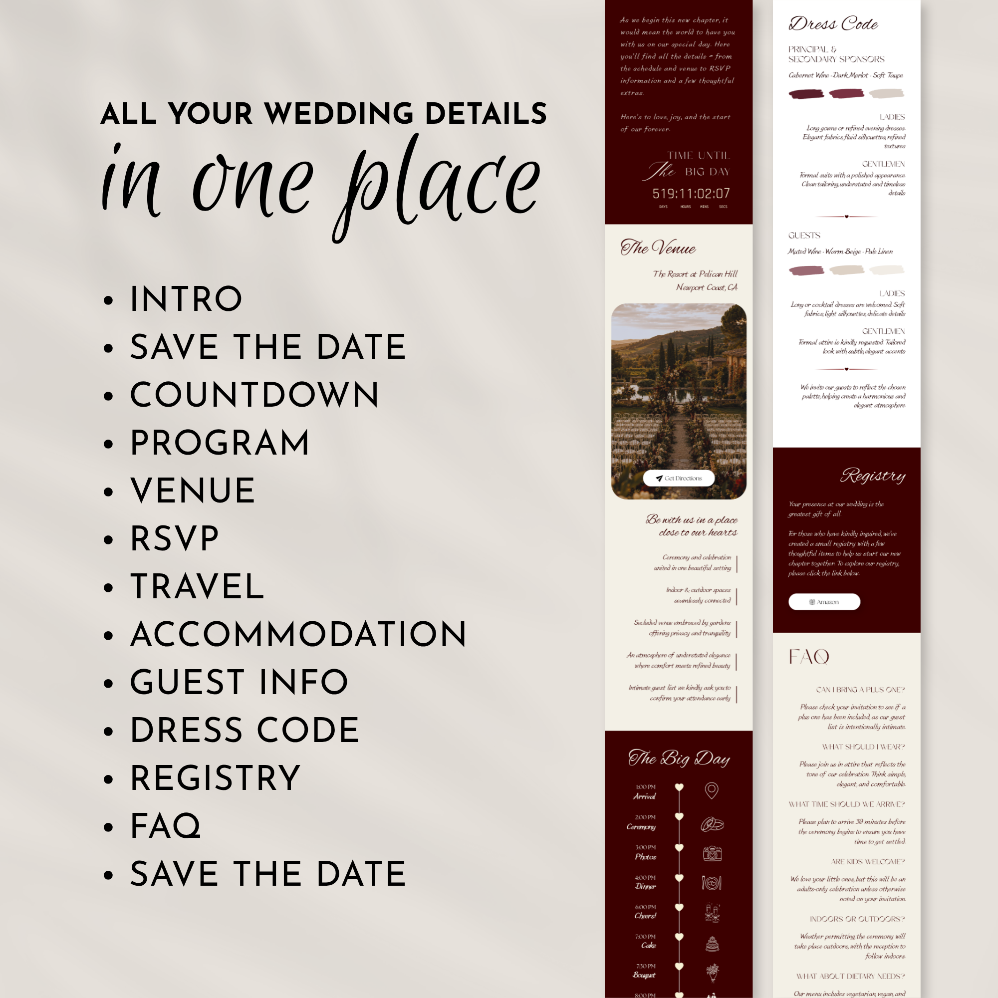 Old Money Cabernet Wedding Website Template with RSVP | Canva Template