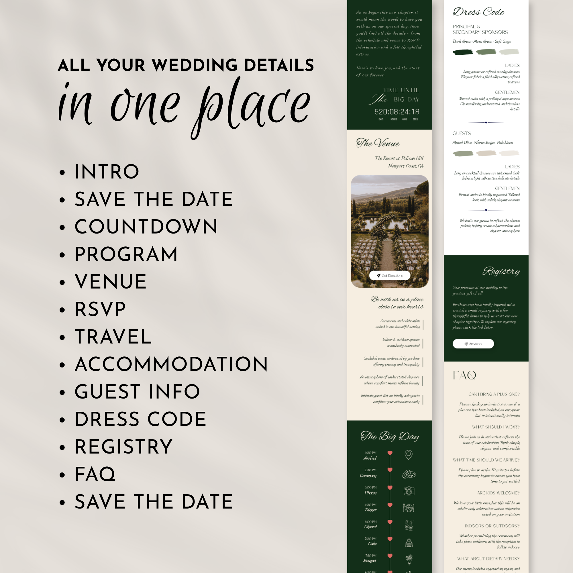 Old Money Dark Green Wedding Website Template with RSVP | Canva Template