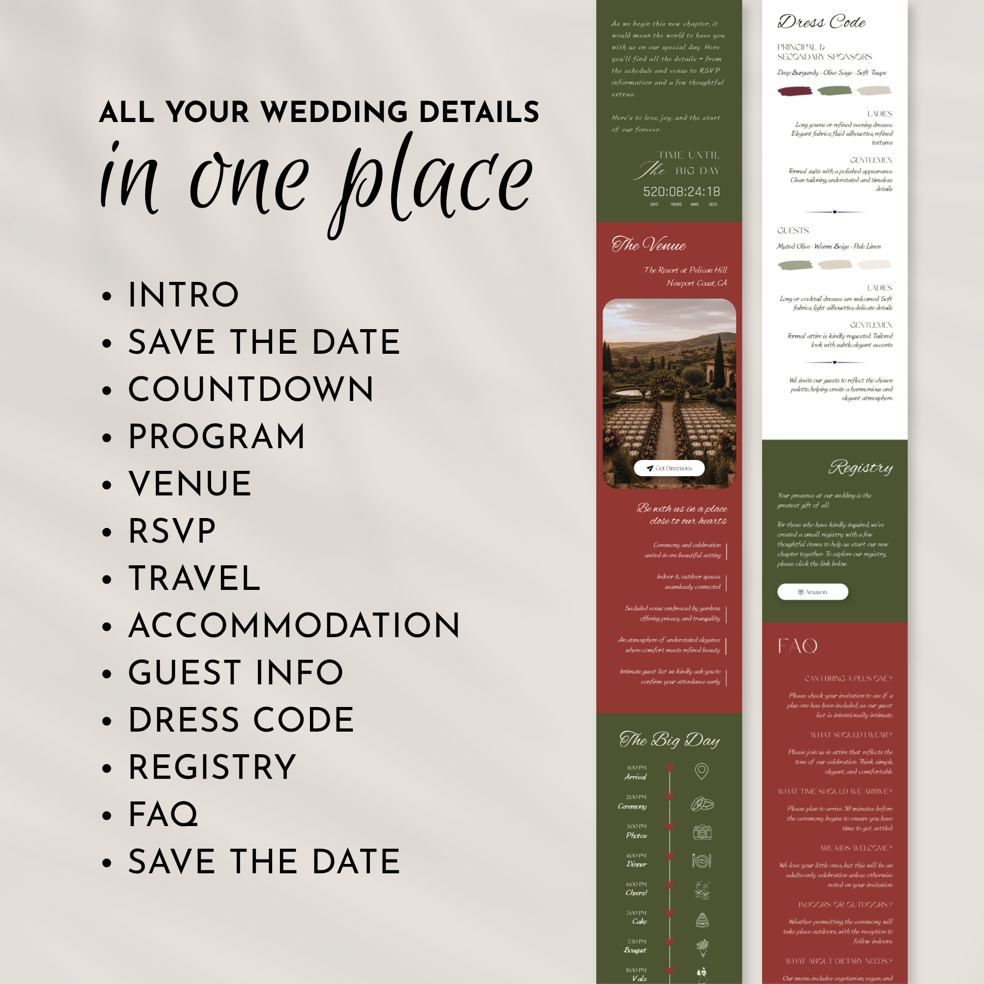 Old Money Olive & Burgundy Wedding Website Template with RSVP | Canva Template
