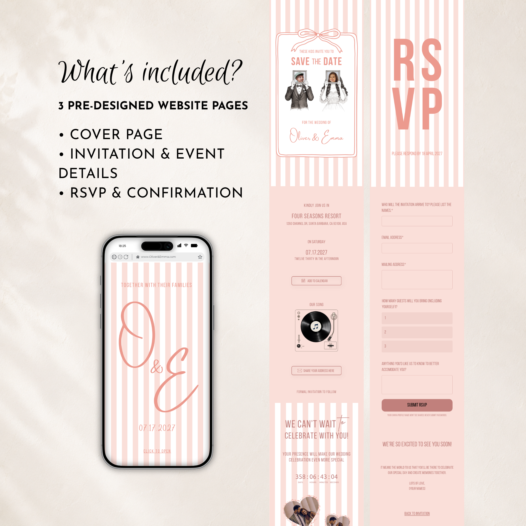 Pearl Blush Kids Save the Date Website Template | Old Money Style