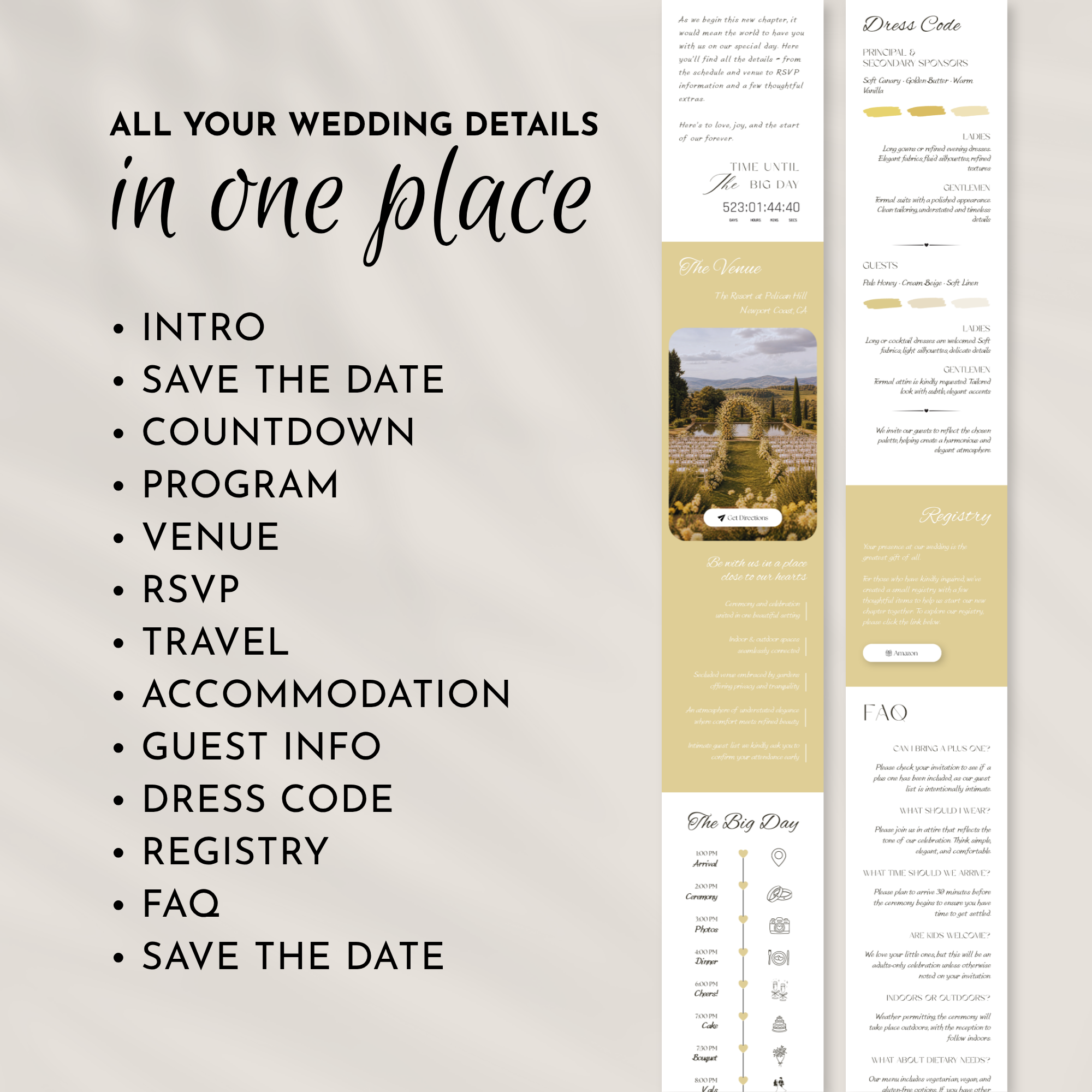 Canary Wedding Invitation Website Template with RSVP & Music