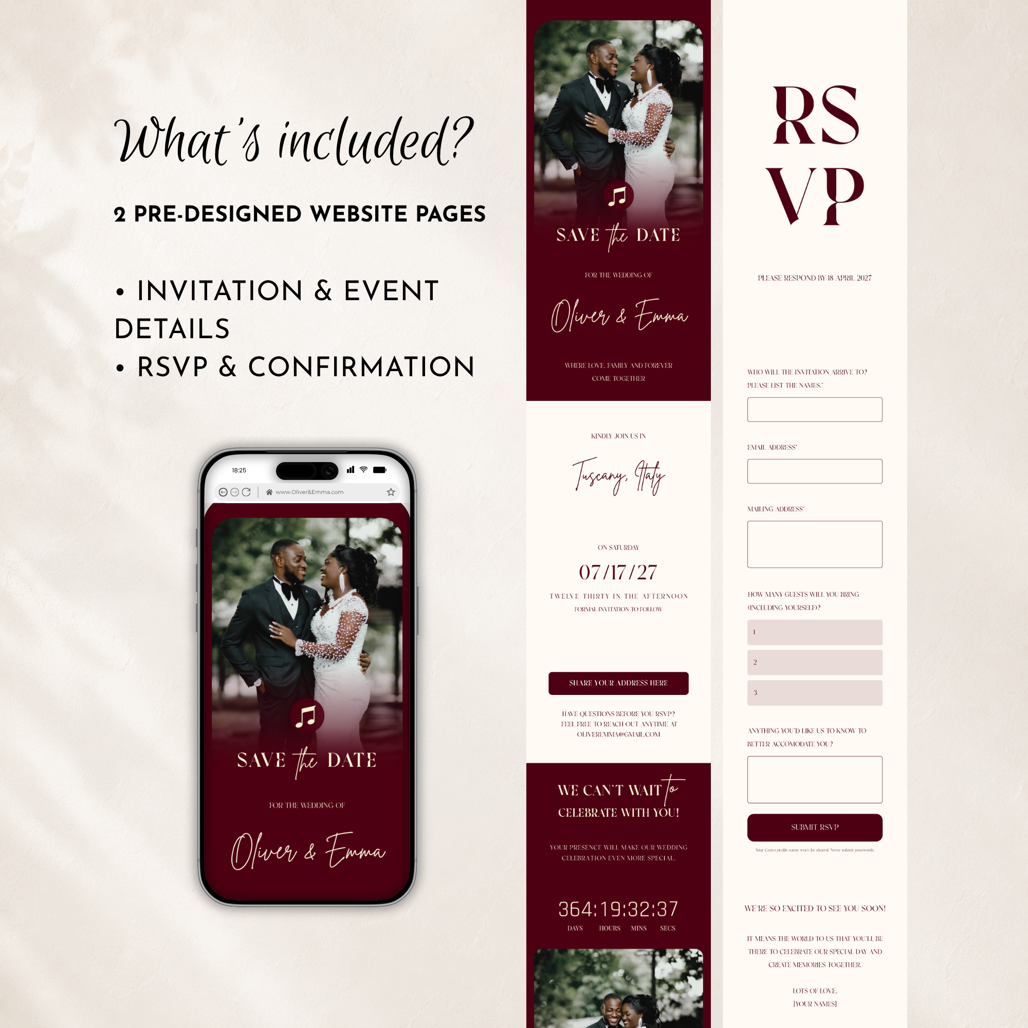 Burgundy Classic Save the Date Wedding Invitation Website Template