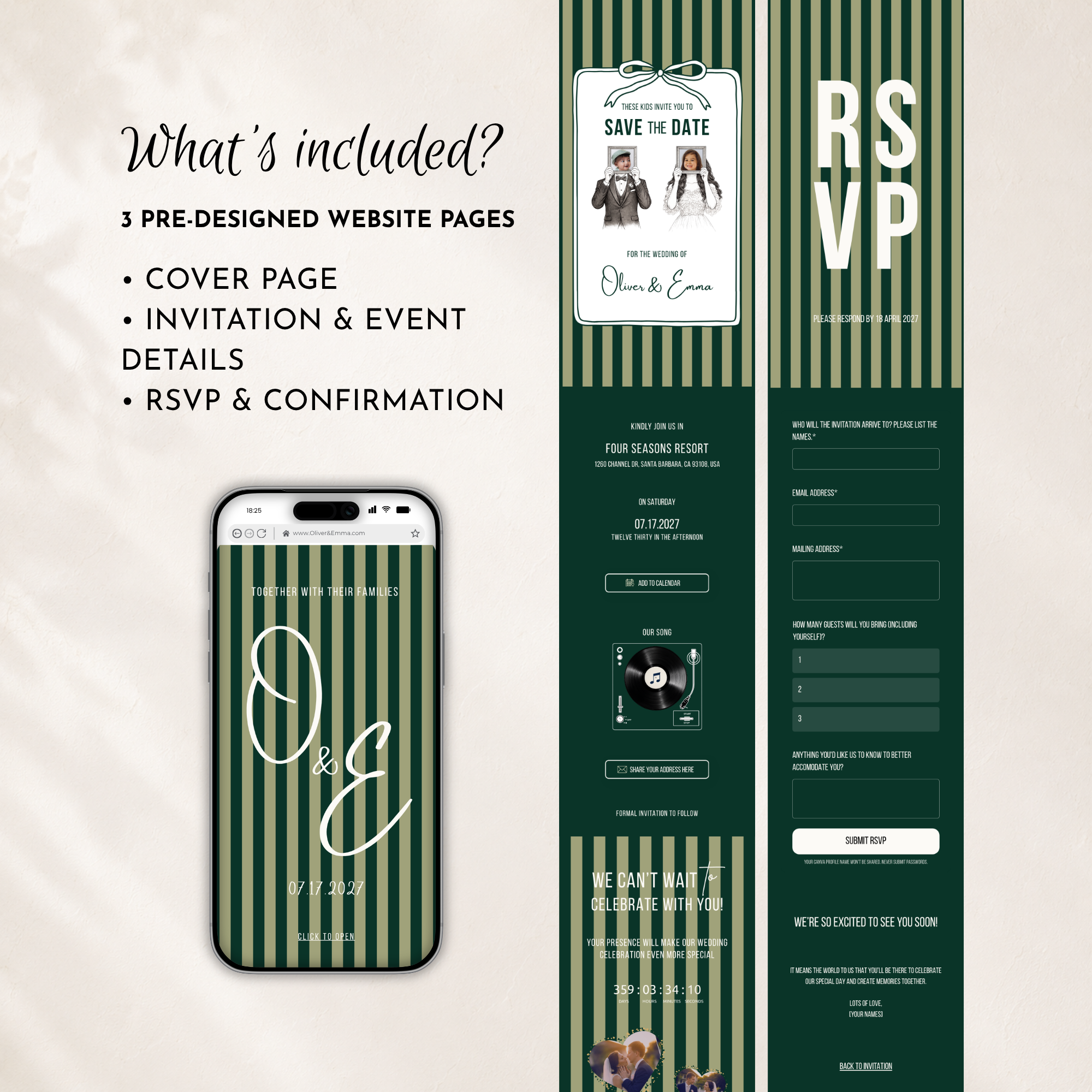 Emerald Green Kids Save the Date Website Template | Old Money Style