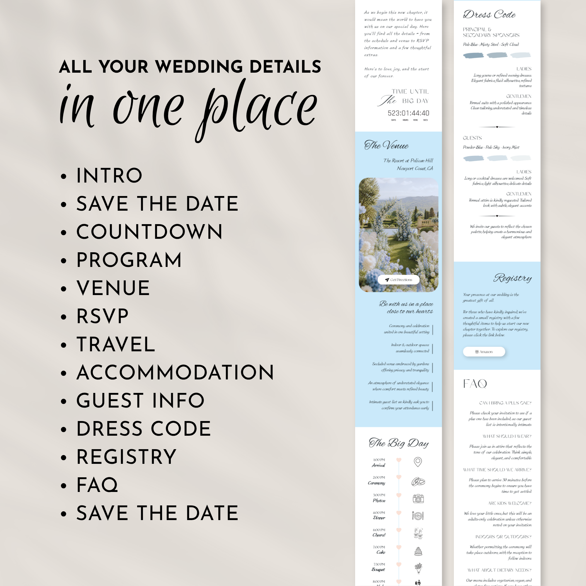 Pale Blue Wedding Website Template with RSVP | Canva Template