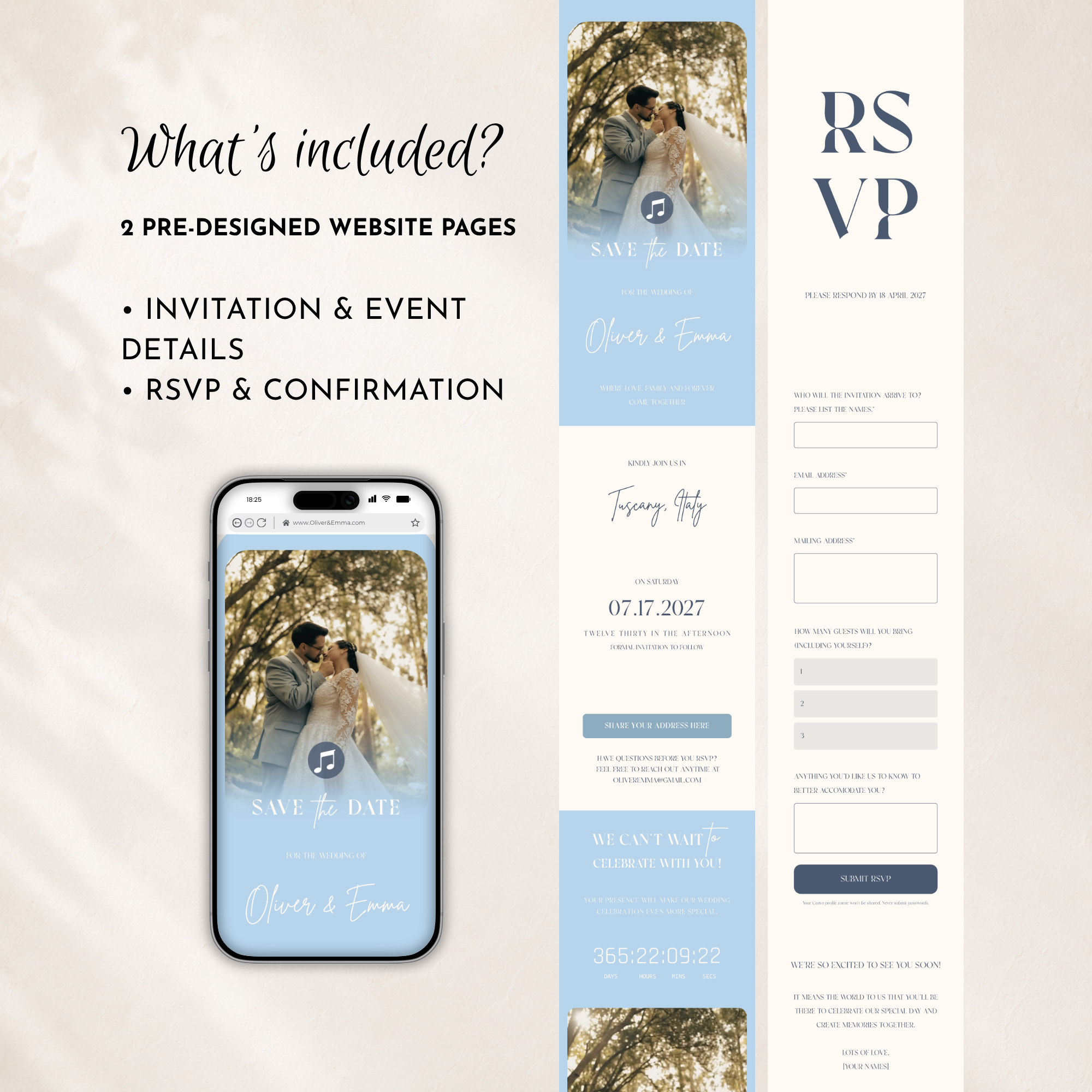 Dusty Blue Classic Save the Date Wedding Invitation Website Template