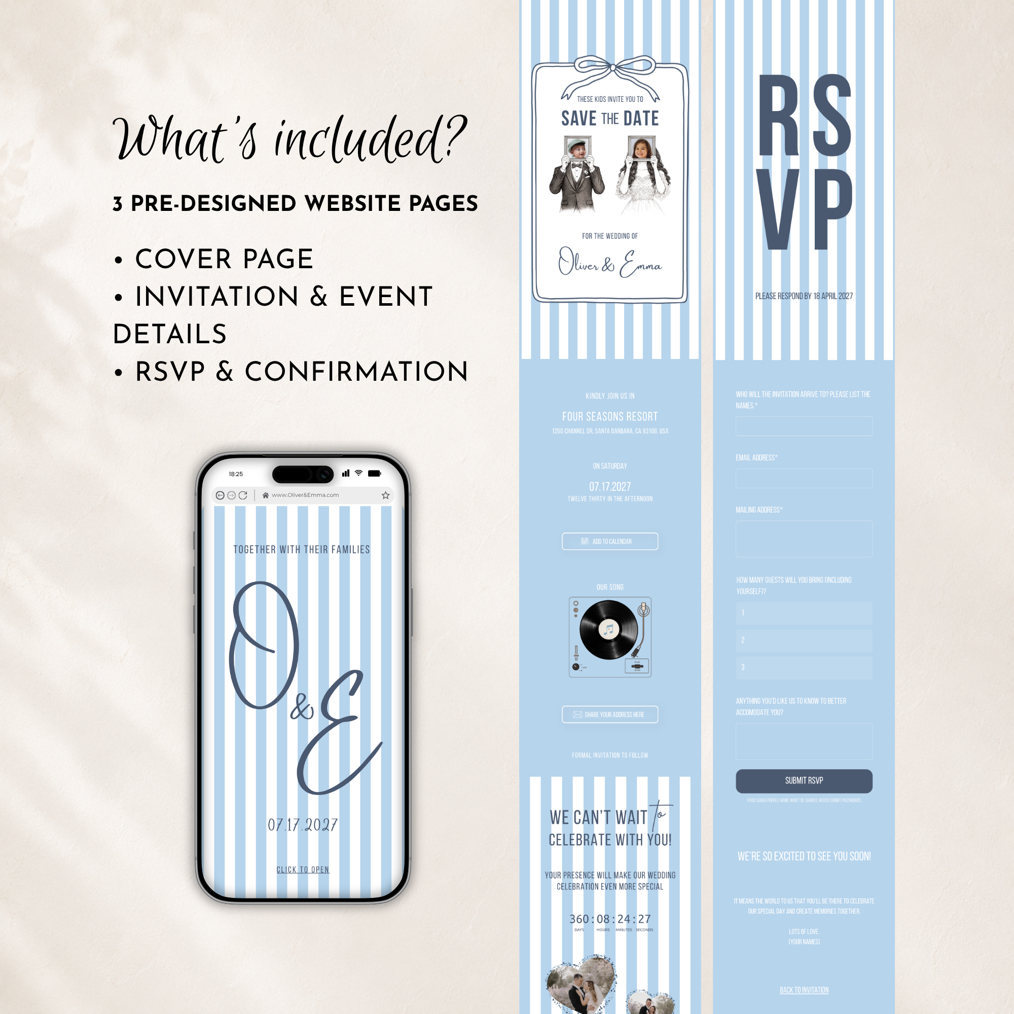 Dusty Blue Kids Save the Date Website Template | Old Money Style