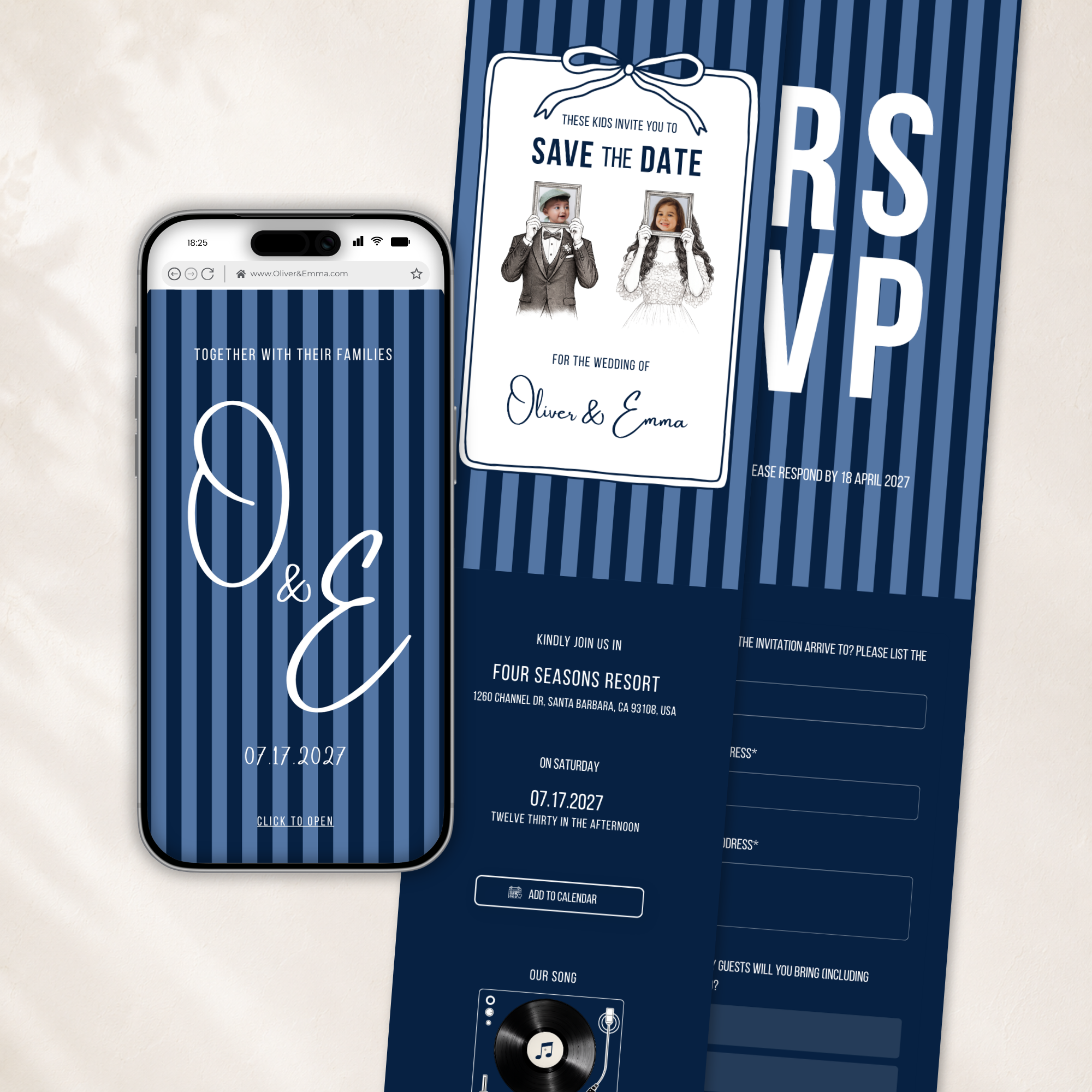 Old Money Navy Kids Wedding Invitation Website for Save the Date