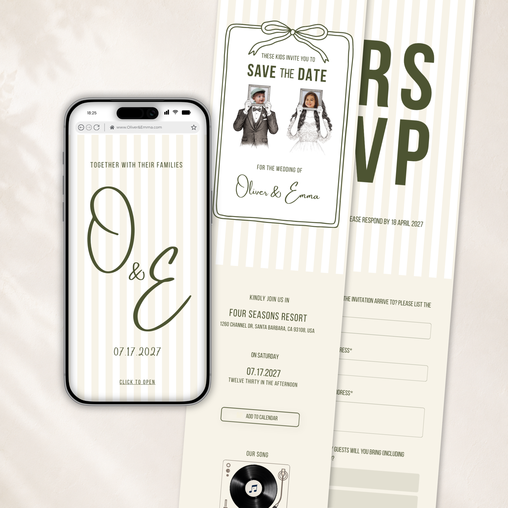 Old Money Ivory & Olive Kids Wedding Invitation Website for Save the Date