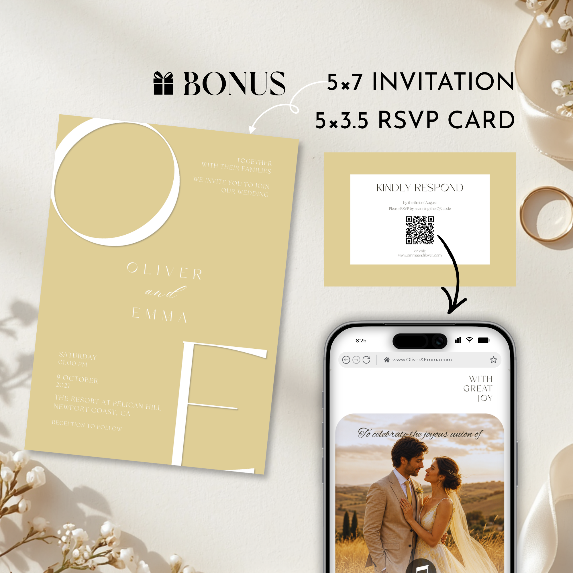 Canary Wedding Invitation Website Template with RSVP & Music
