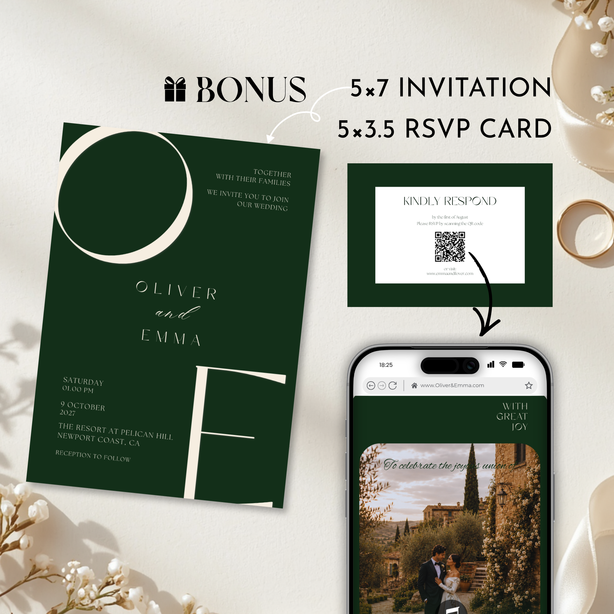 Old Money Dark Green Wedding Website Template with RSVP | Canva Template