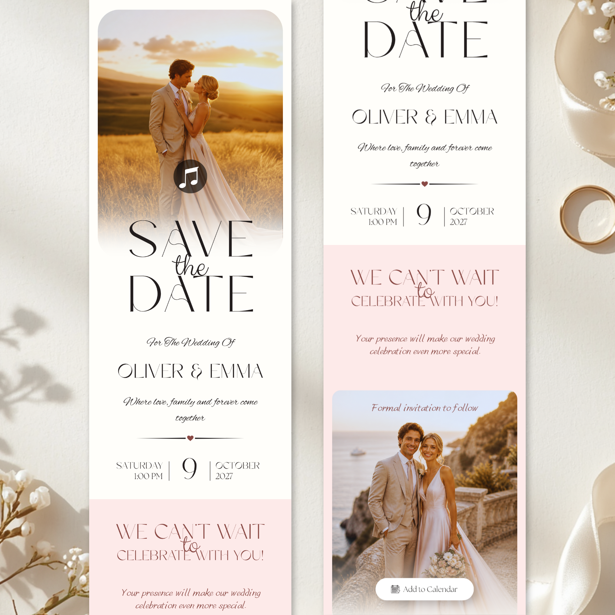 Pink & Champagne Save The Date Website Template | Canva Template