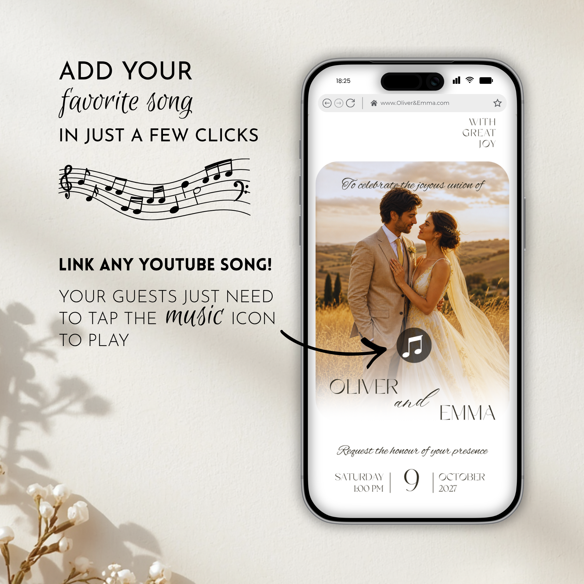 Canary Wedding Invitation Website Template with RSVP & Music