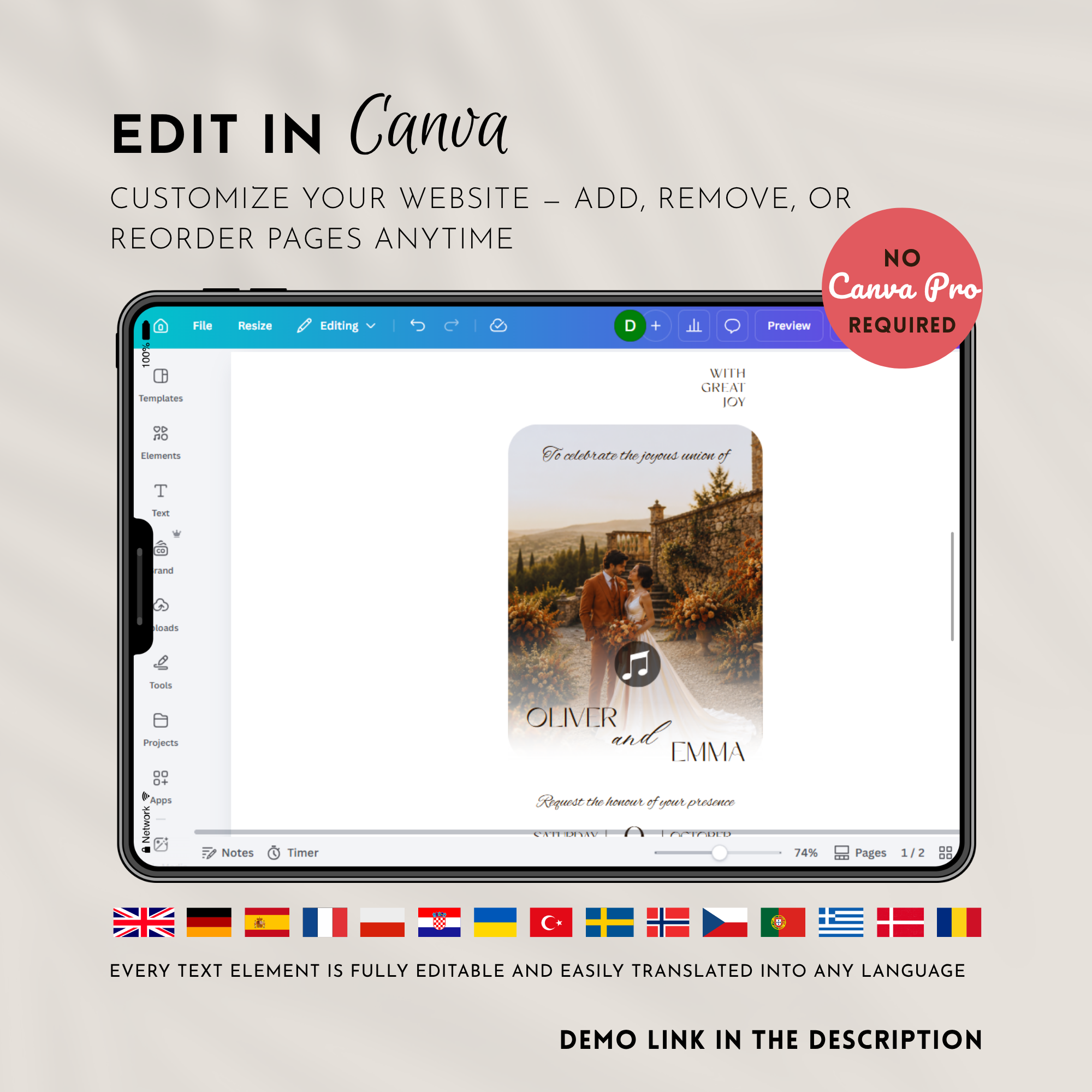 Bold Orange Wedding Invitation Website Template with RSVP & Music