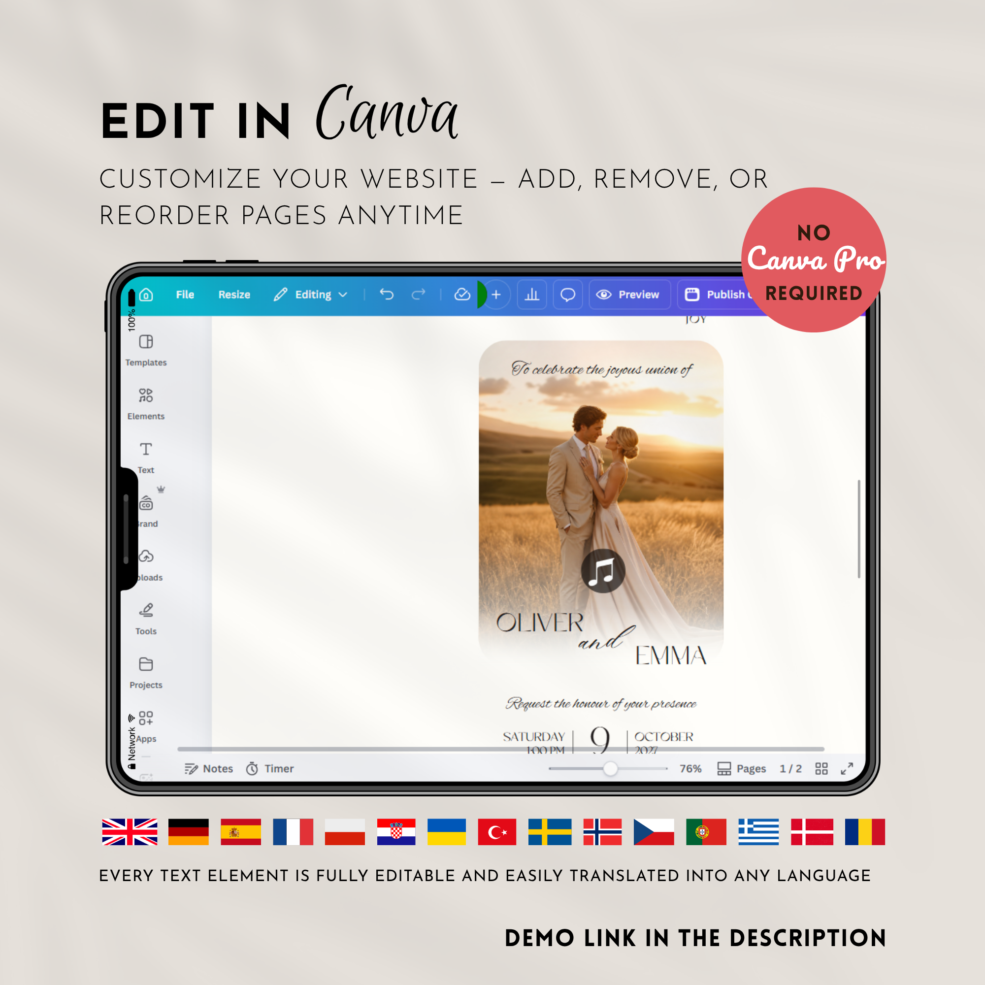 Pink & Champagne Wedding Website Template with RSVP | Canva Template