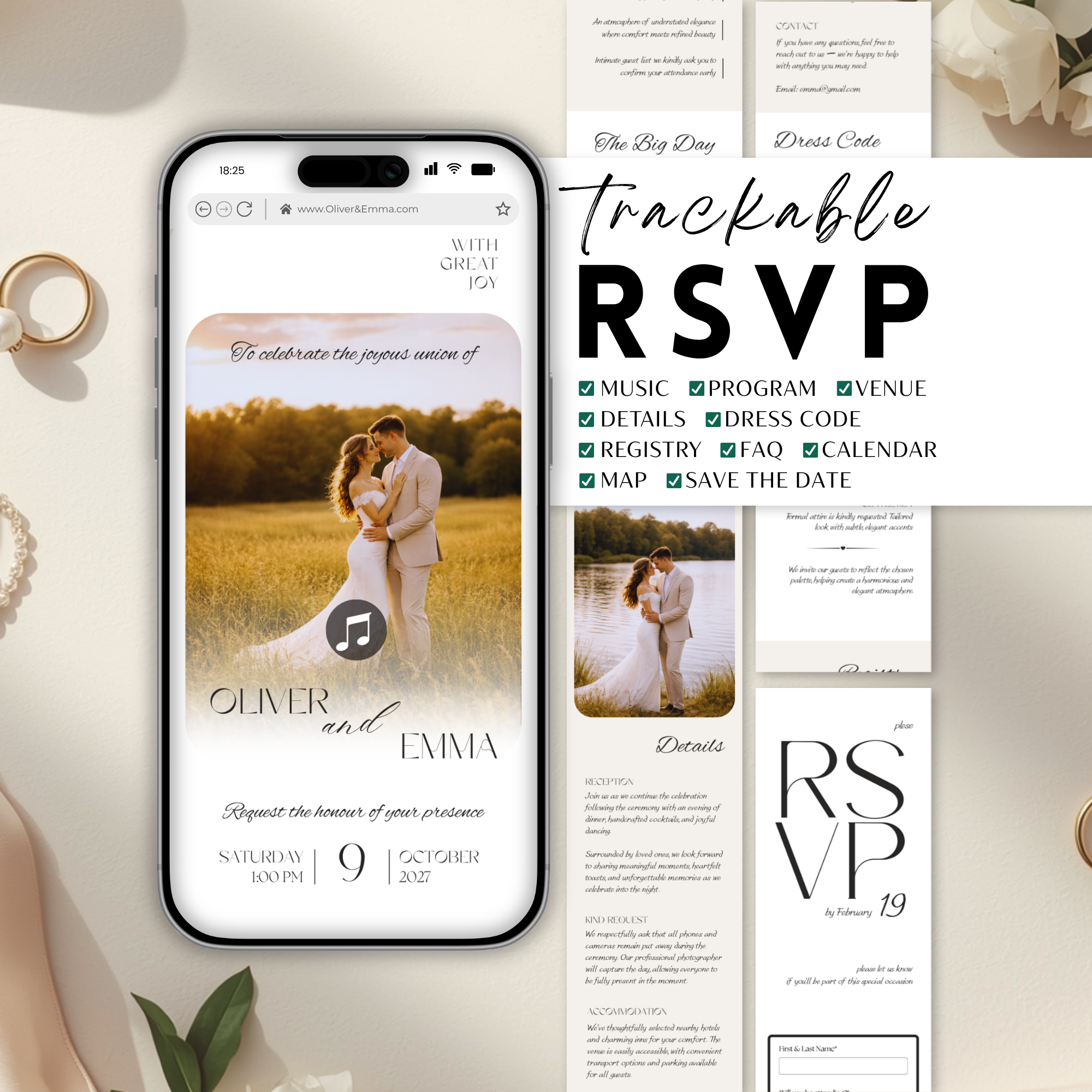 White & Beige Wedding Website Template with RSVP | Canva Template