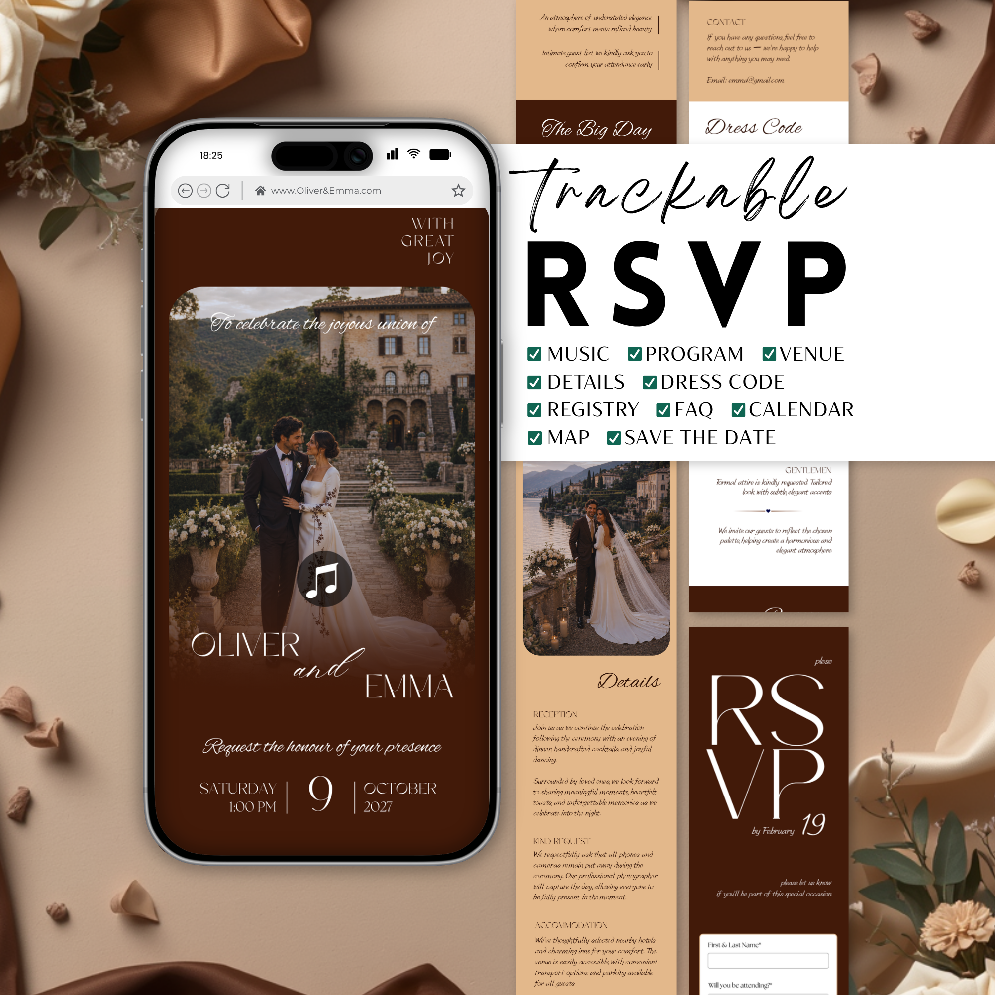 Old Money Chocolate Brown Wedding Website Template with RSVP | Canva Template