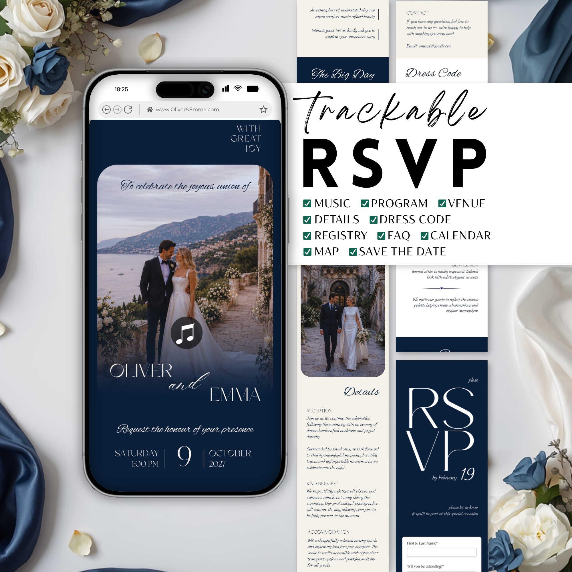 Old Money Navy Wedding Website Template with RSVP | Canva Template