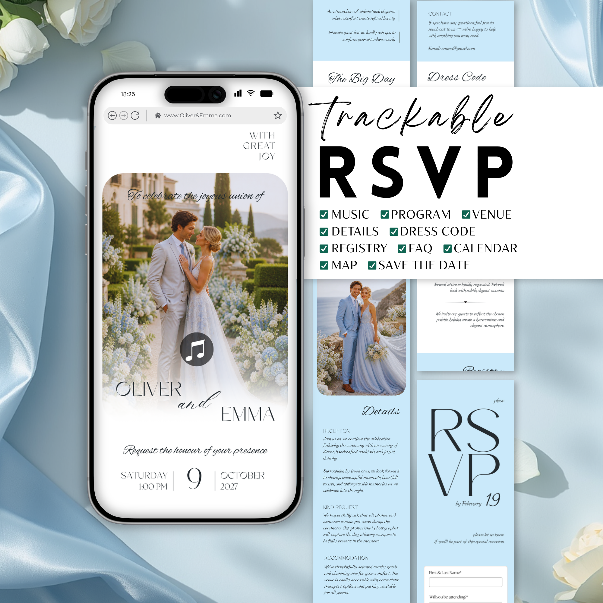 Pale Blue Wedding Website Template with RSVP | Canva Template