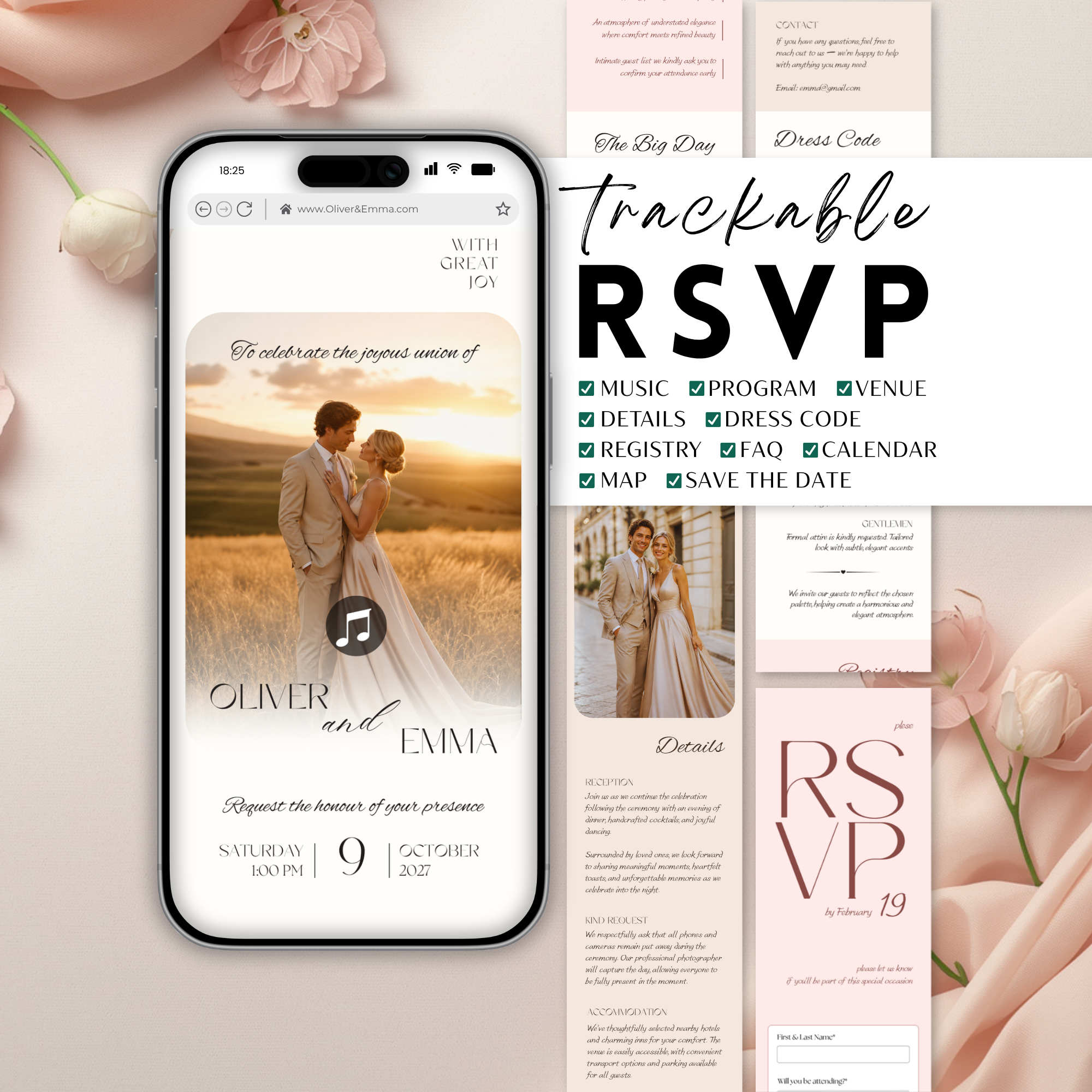 Pink & Champagne Wedding Website Template with RSVP | Canva Template