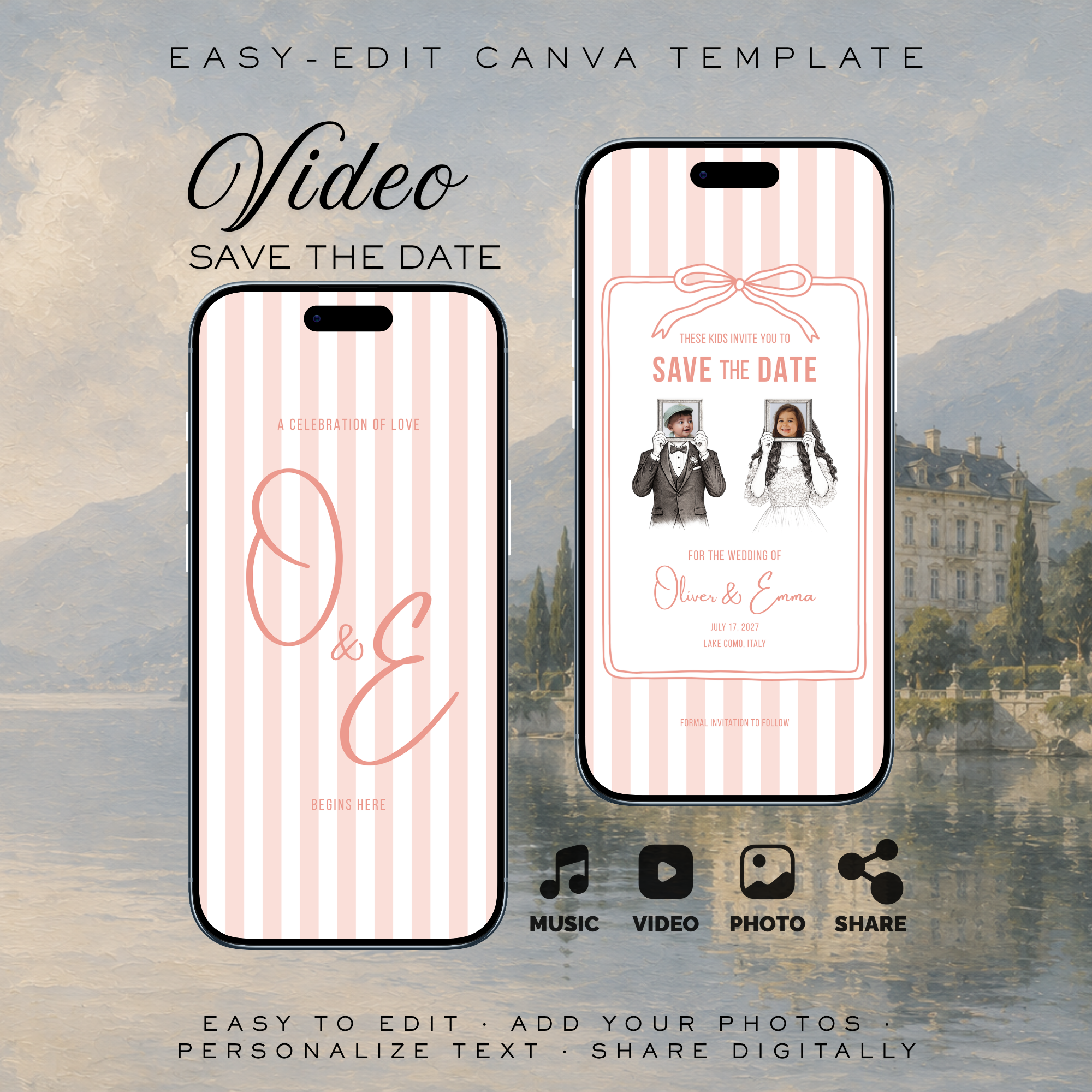 Pearl Blush Kids Save the Date Video Template | Editable Canva Wedding Invitation