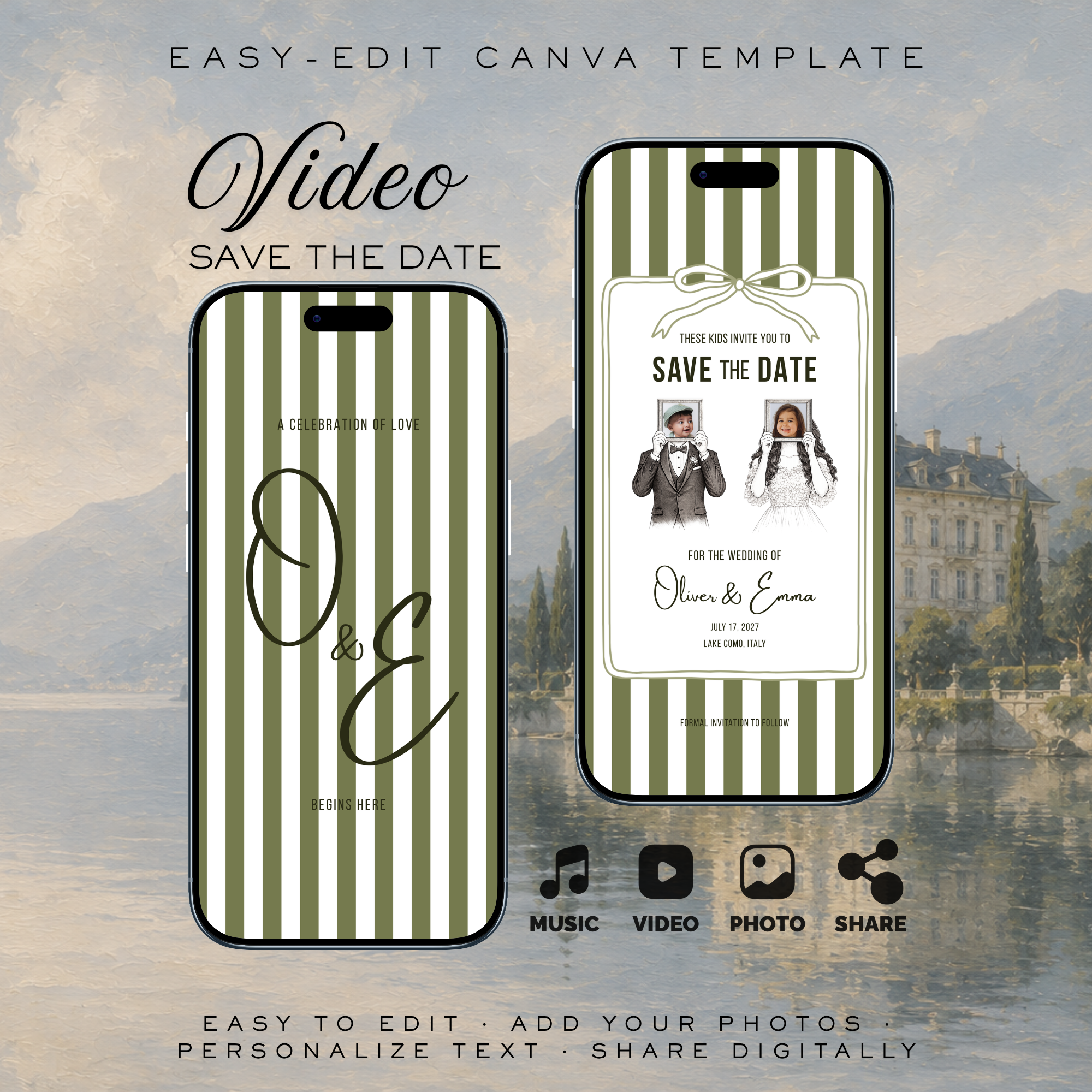 Sage Green Kids Save the Date Video Template | Editable Canva Wedding Invitation
