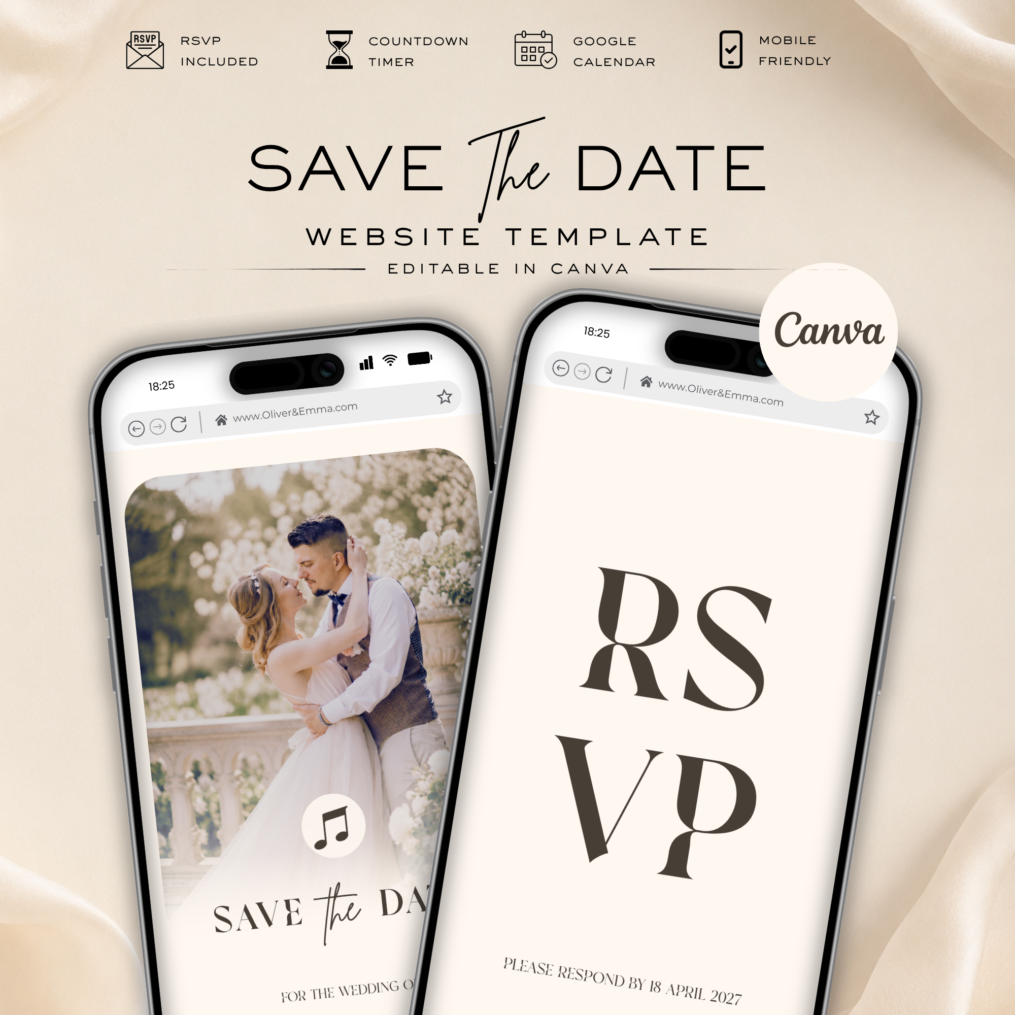 Pearl & Champagne Classic Save the Date Wedding Invitation Website Template