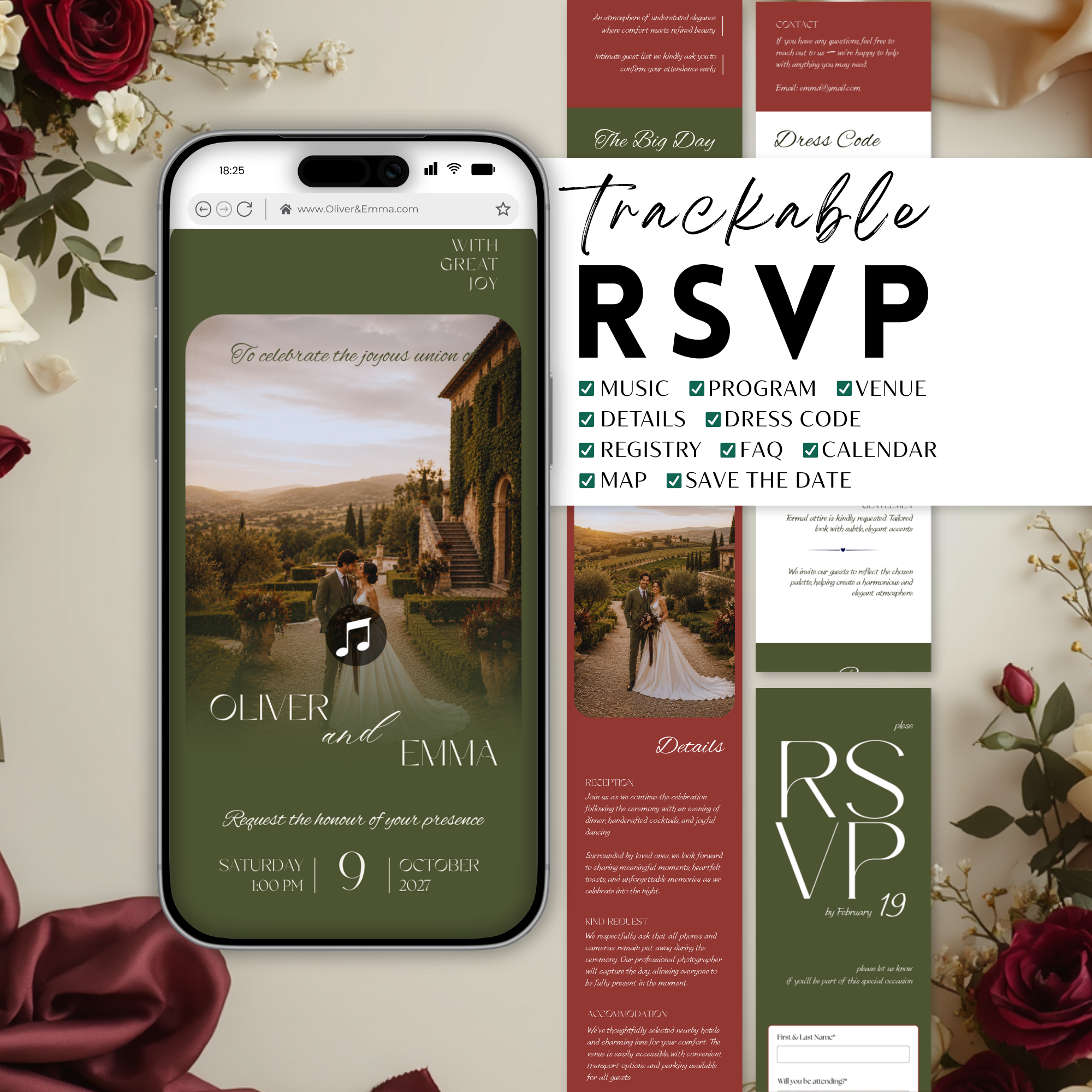 Old Money Olive & Burgundy Wedding Website Template with RSVP | Canva Template