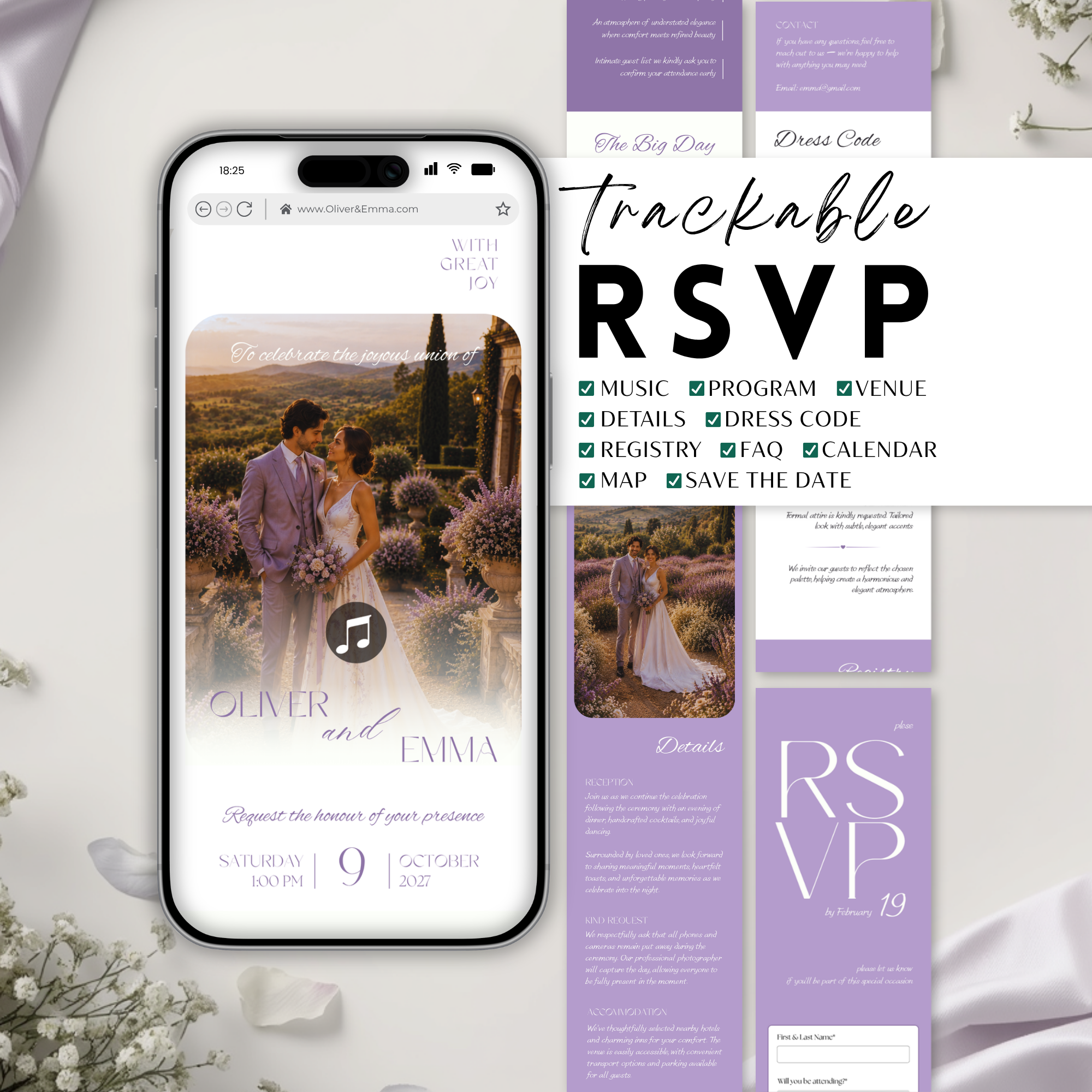Lavender & Baby’s Breath Wedding Website Template with RSVP | Canva Template