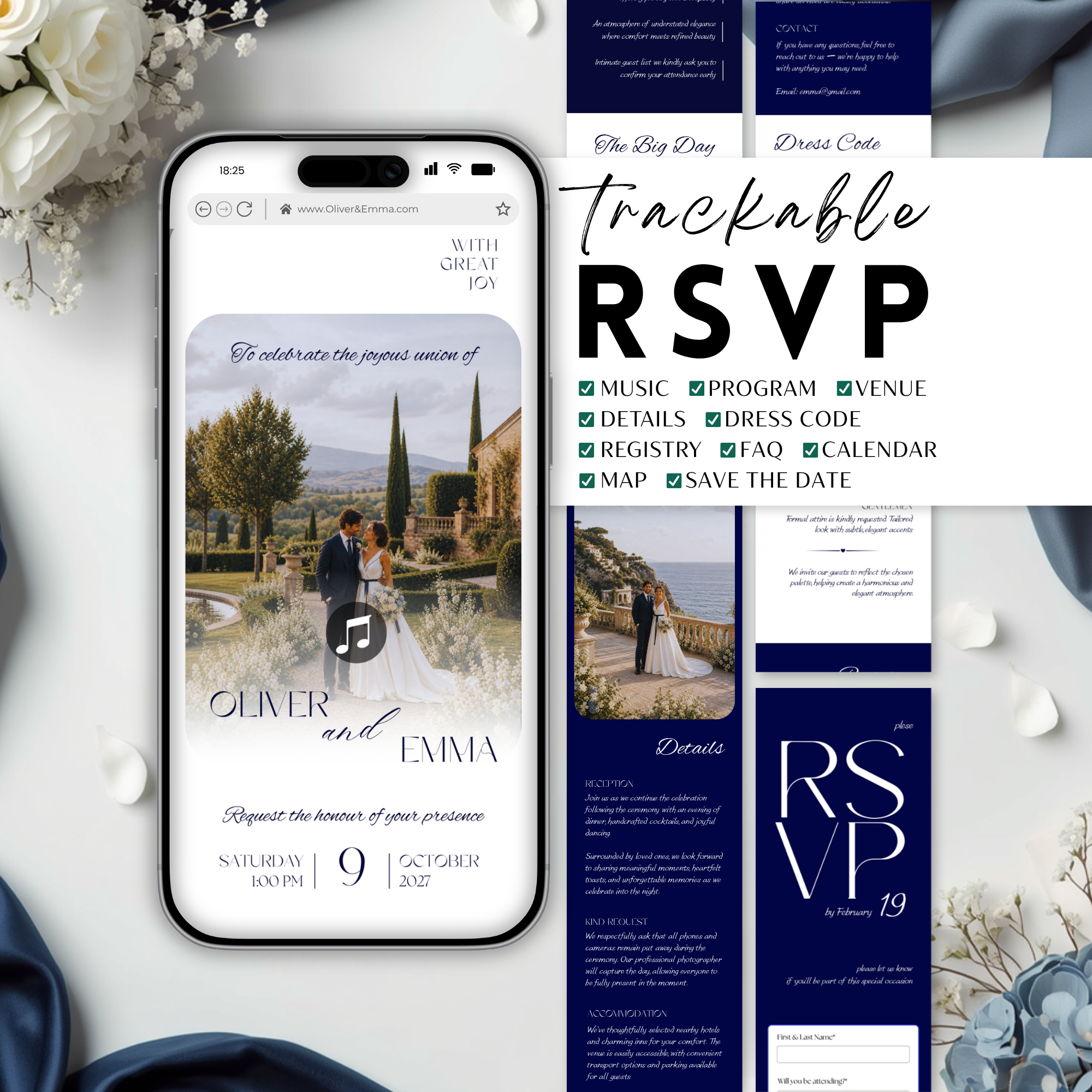 Navy Wedding Website Template with RSVP | Canva Template