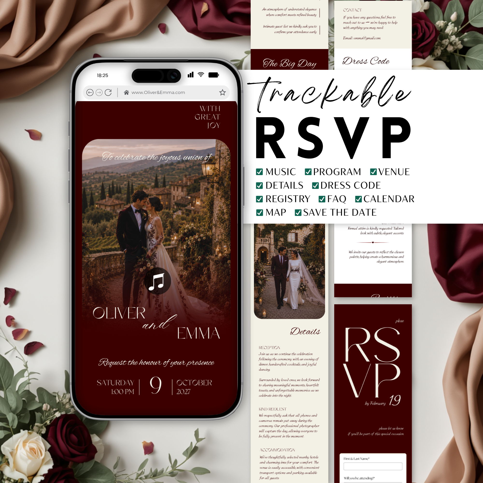 Old Money Cabernet Wedding Website Template with RSVP | Canva Template