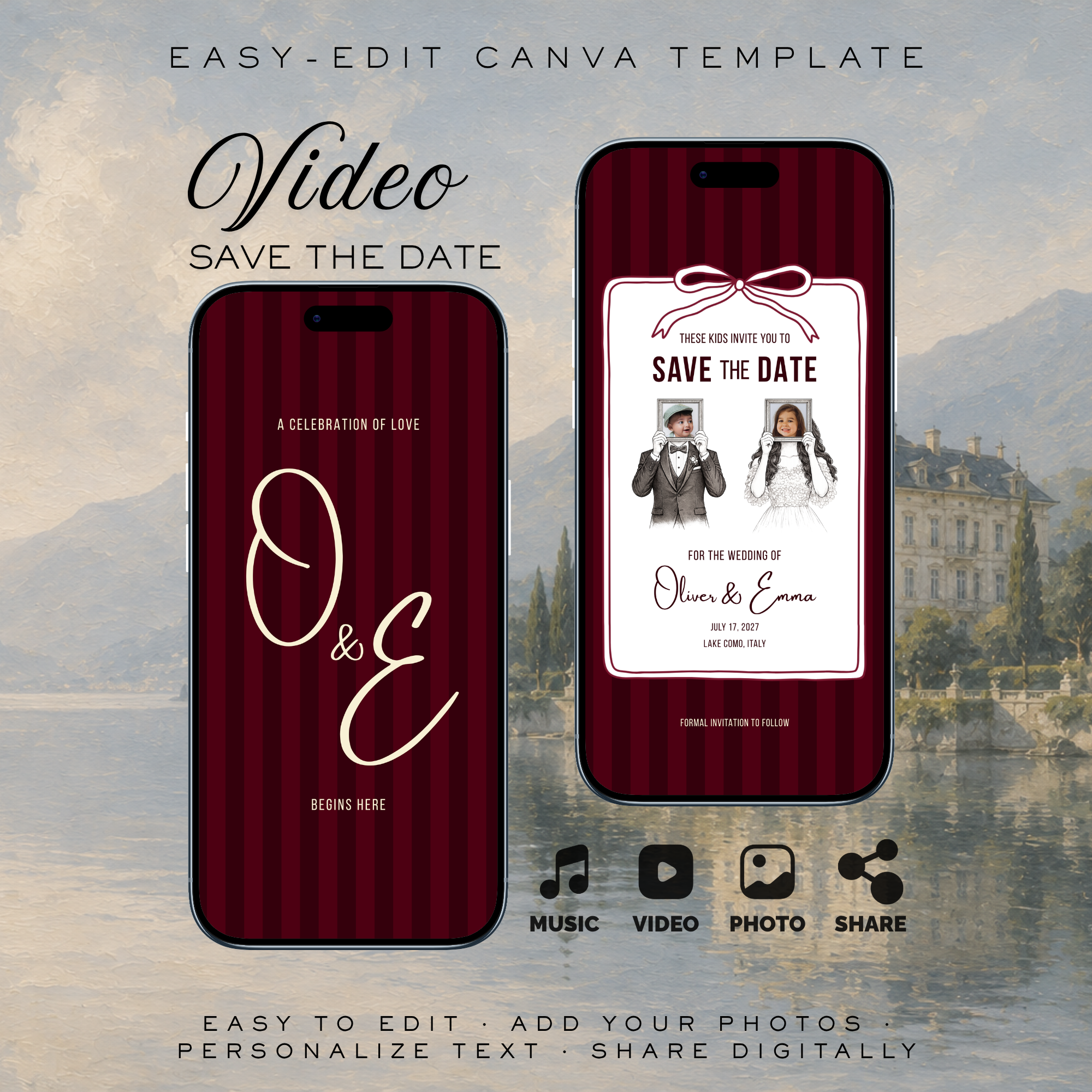 Burgundy Kids Save the Date Video Template | Editable Canva Wedding Invitation