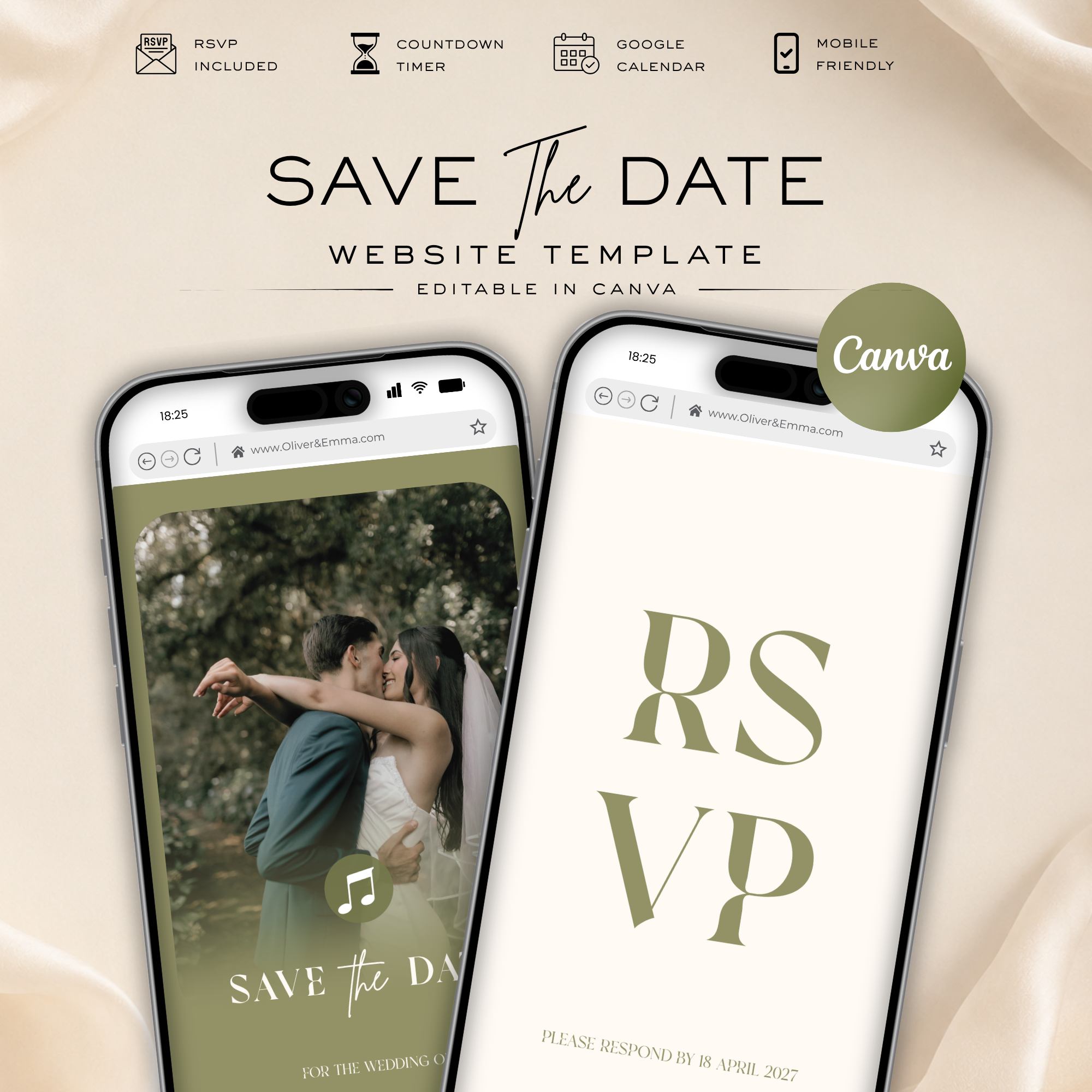 Sage Green Classic Save the Date Wedding Invitation Website Template