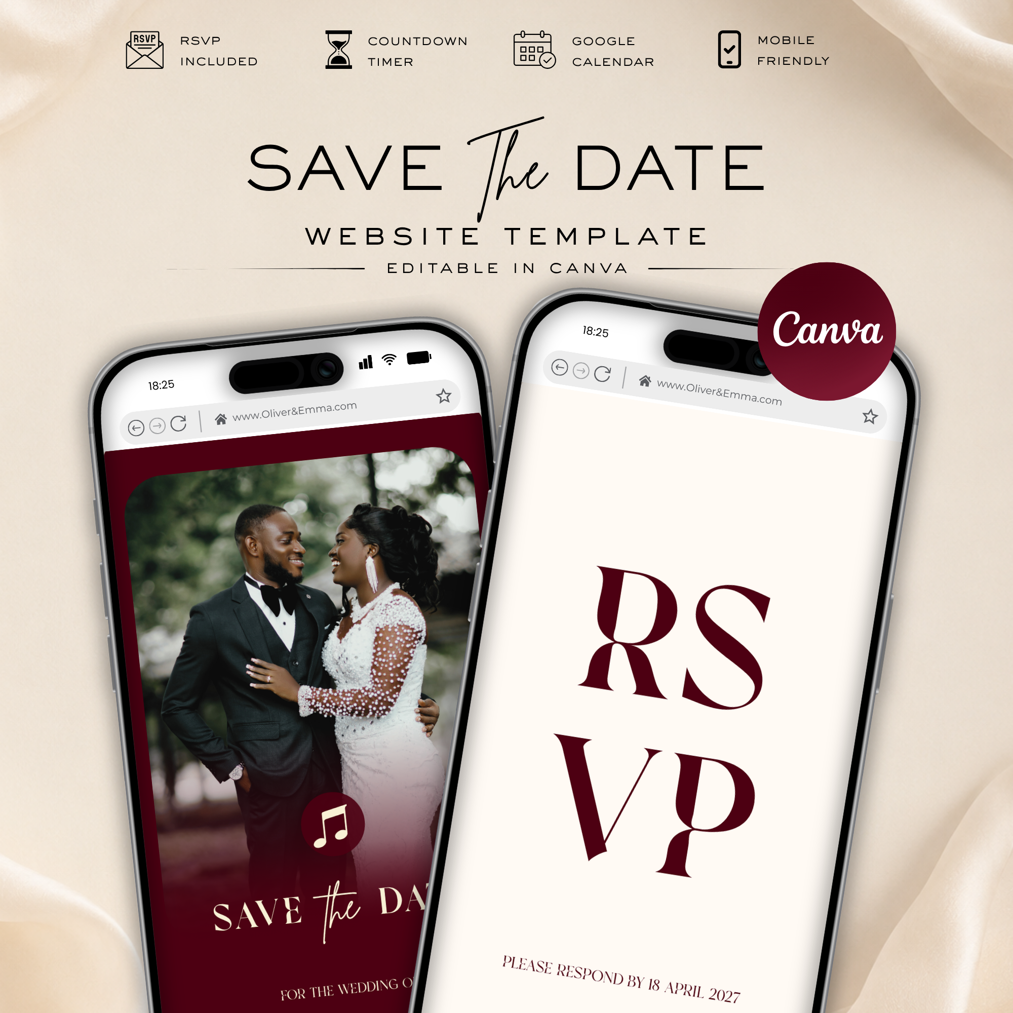 Burgundy Classic Save the Date Wedding Invitation Website Template