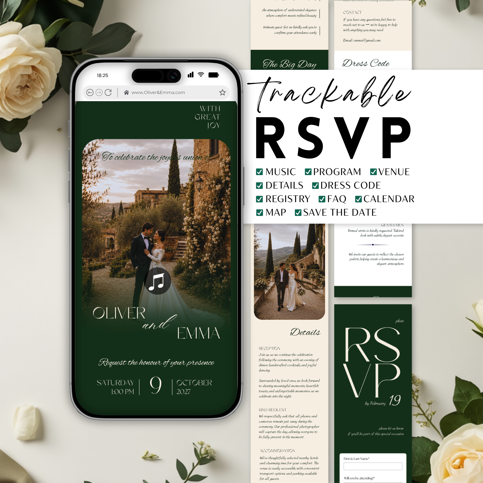 Old Money Dark Green Wedding Website Template with RSVP | Canva Template