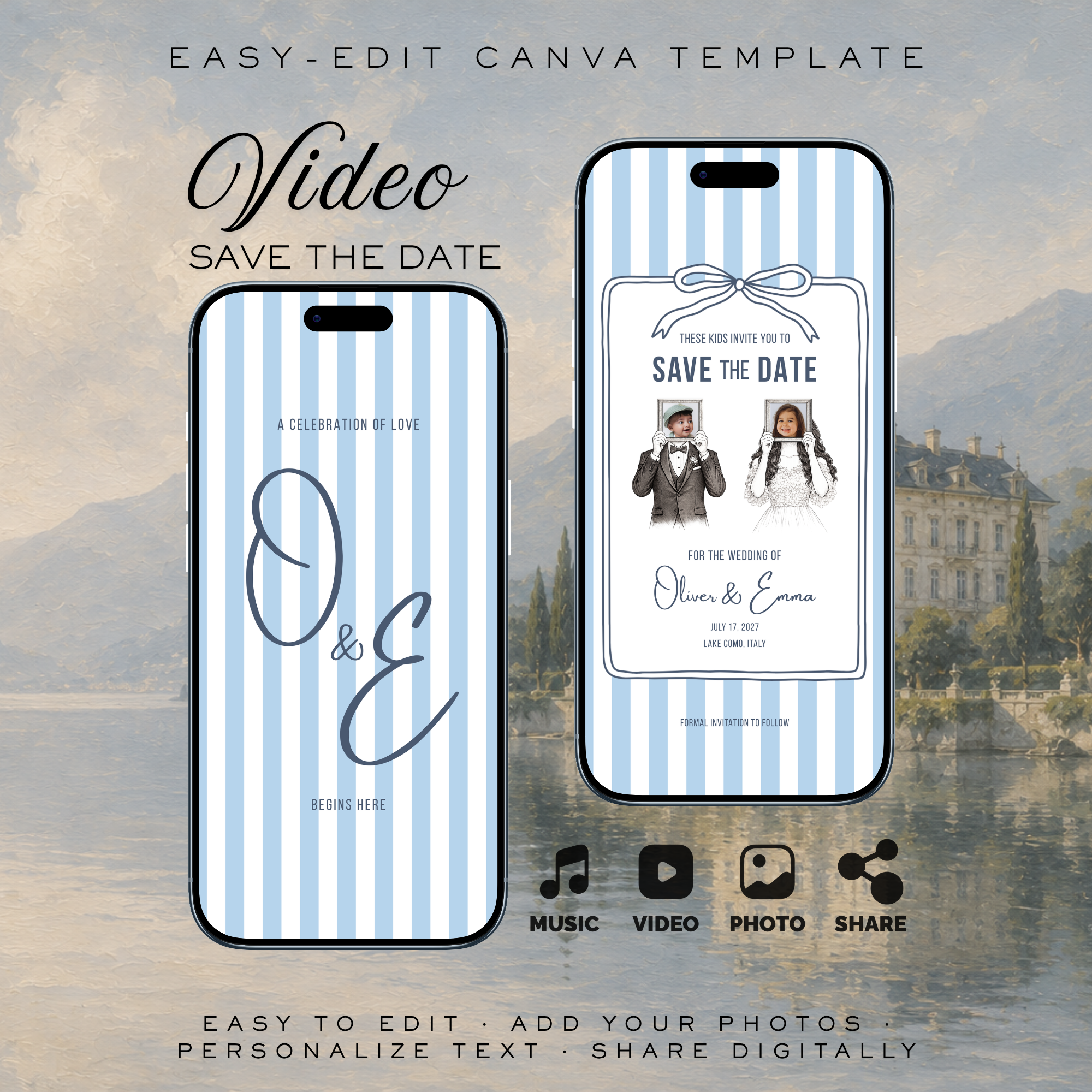 Dusty Blue Kids Save the Date Video Template | Editable Canva Wedding Invitation