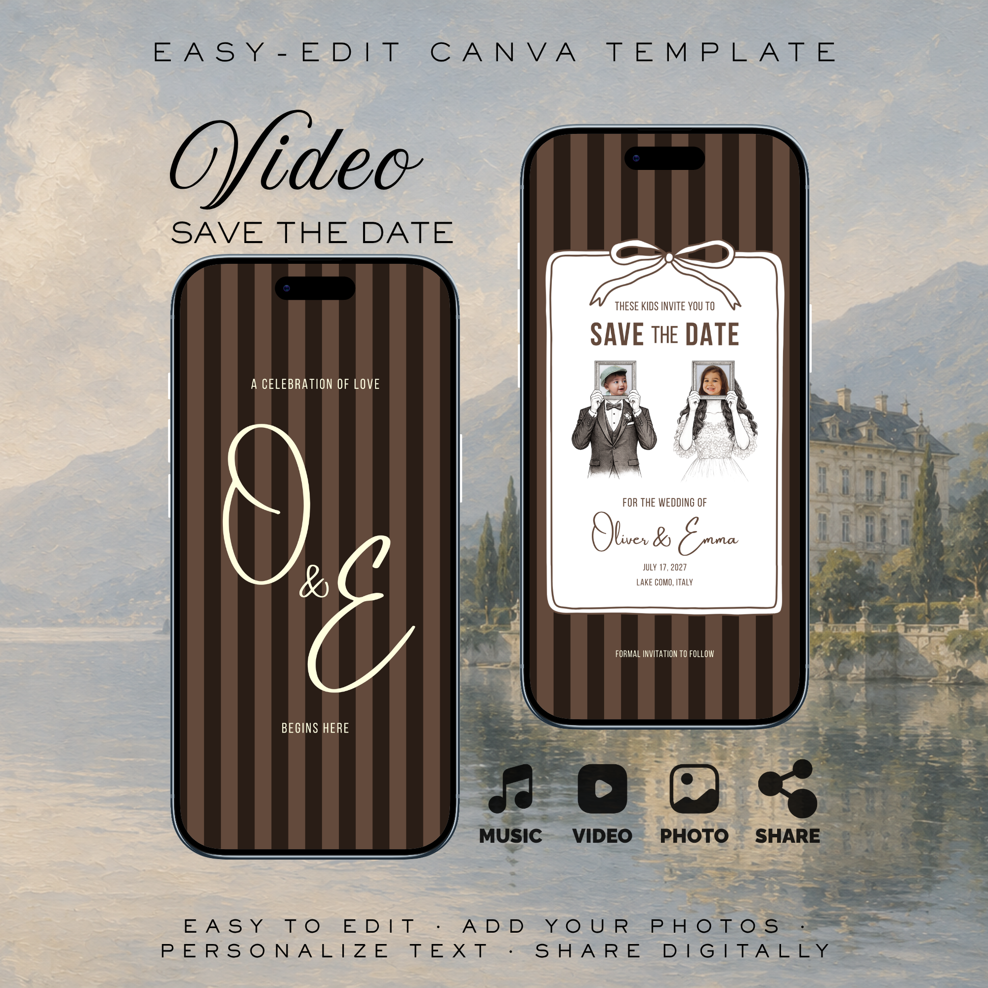 Espresso Brown Kids Save the Date Video Template | Editable Canva Wedding Invitation
