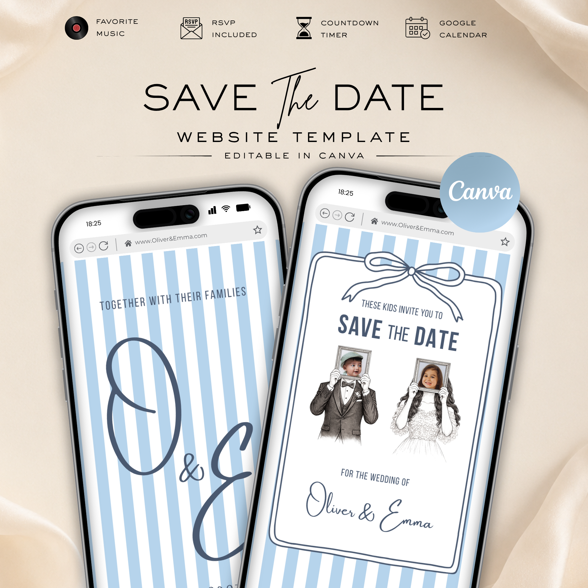 Dusty Blue Kids Save the Date Website Template | Old Money Style