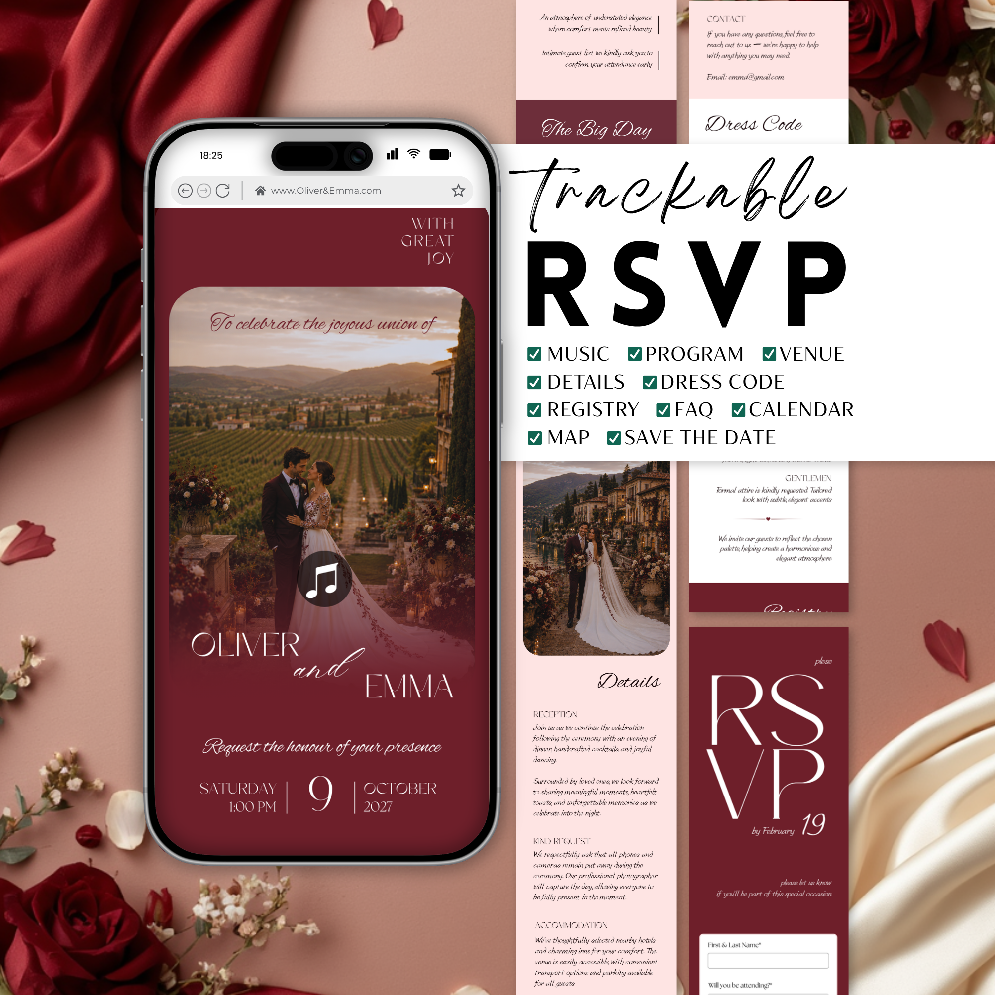 Old Money Deep Cherry Wedding Website Template with RSVP | Canva Template