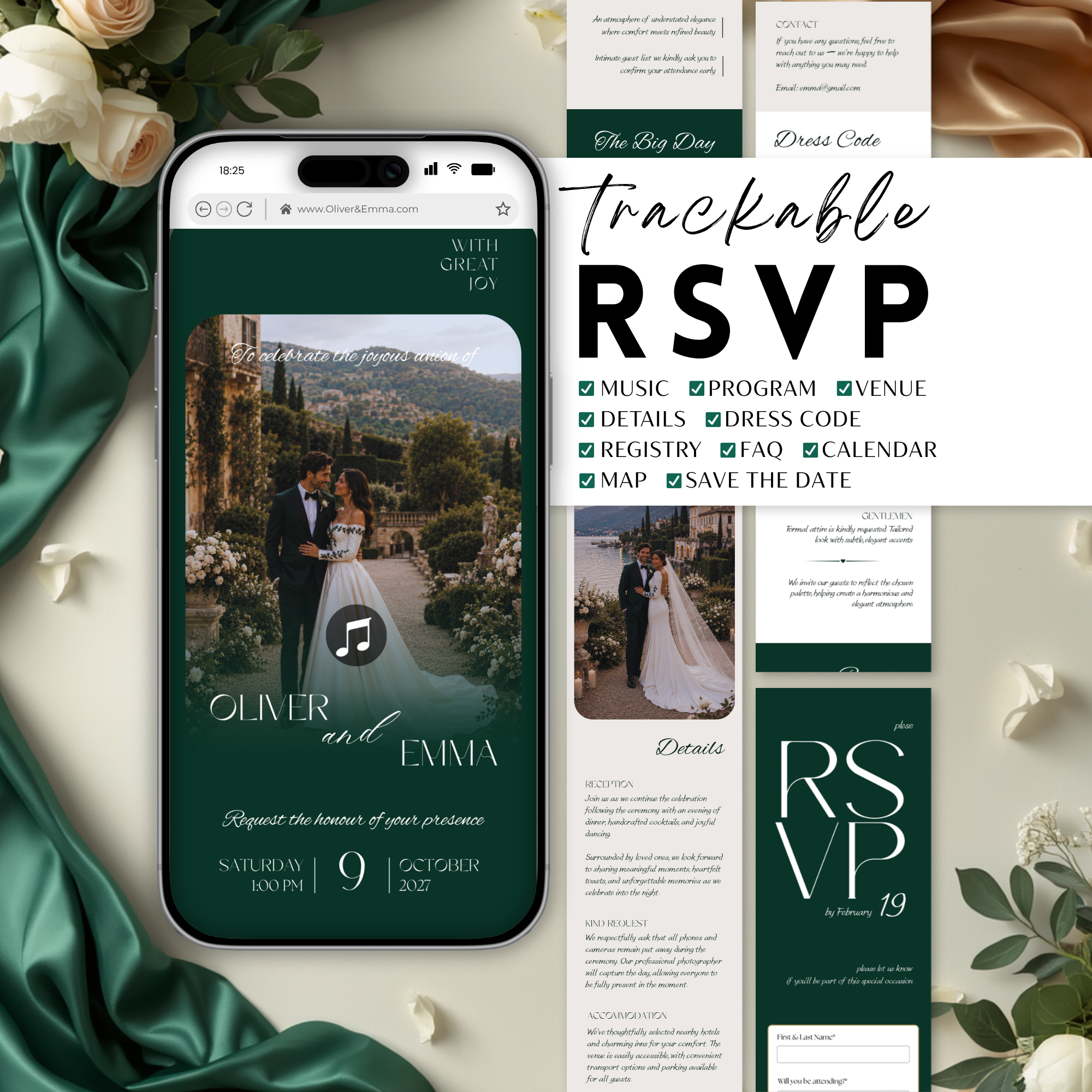 Old Money Emerald Wedding Website Template with RSVP | Canva Template