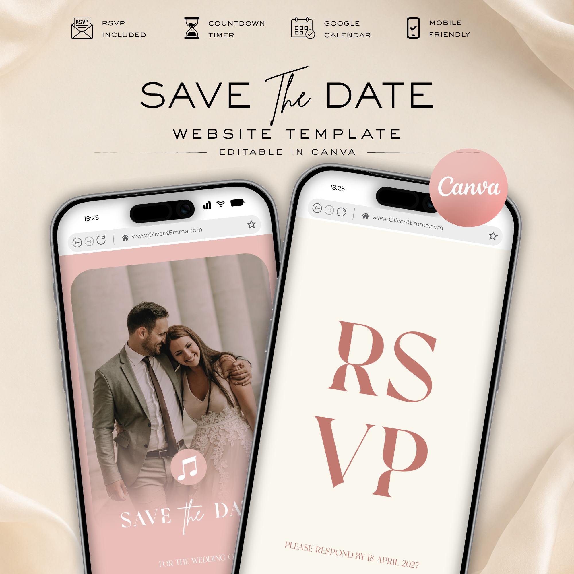 Blush Pink Classic Save the Date Wedding Invitation Website Template