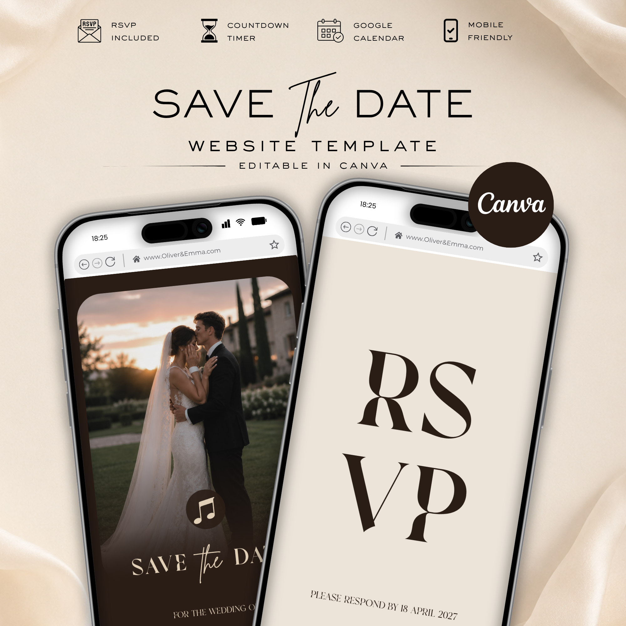 Espresso Brown Classic Save the Date Wedding Invitation Website Template