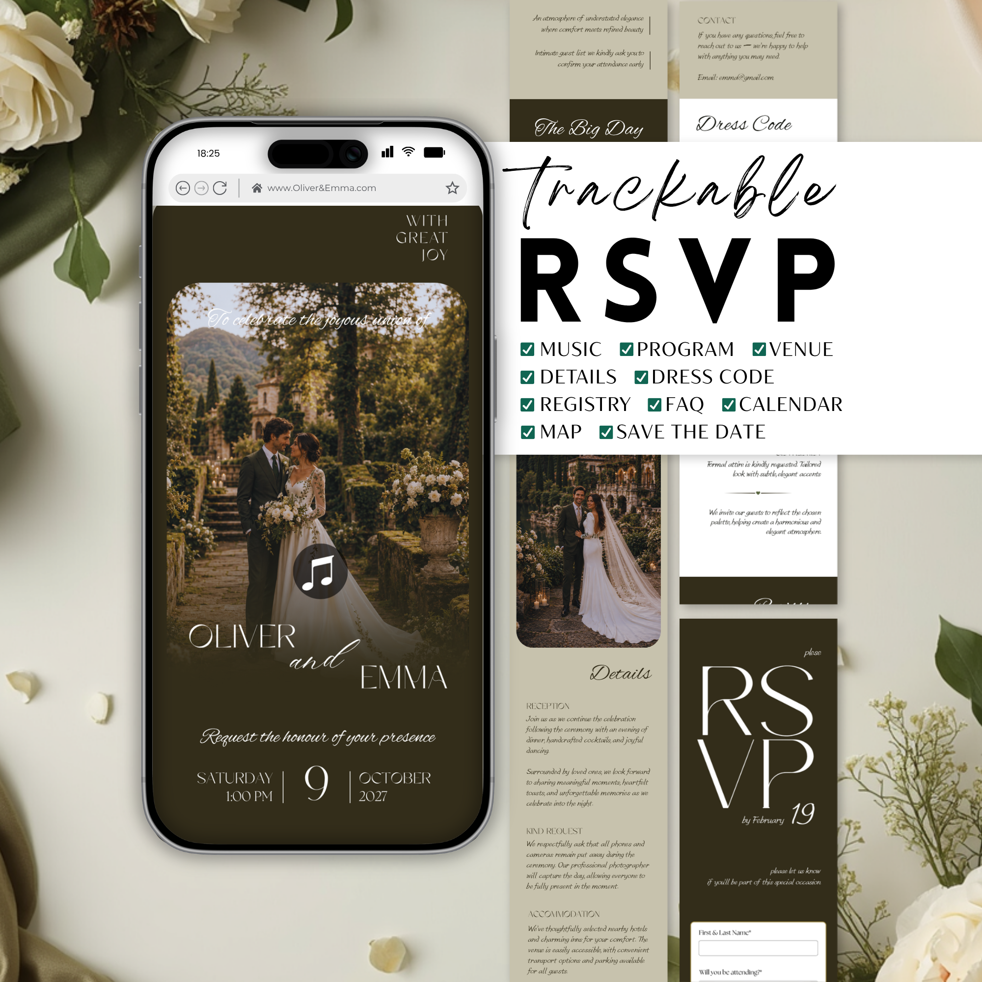 Old Money Forest Moss Wedding Website Template with RSVP | Canva Template
