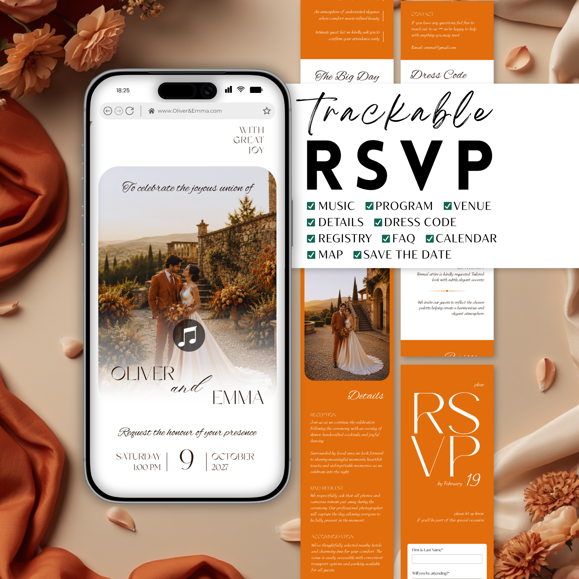 Bold Orange Wedding Website Template with RSVP | Canva Template