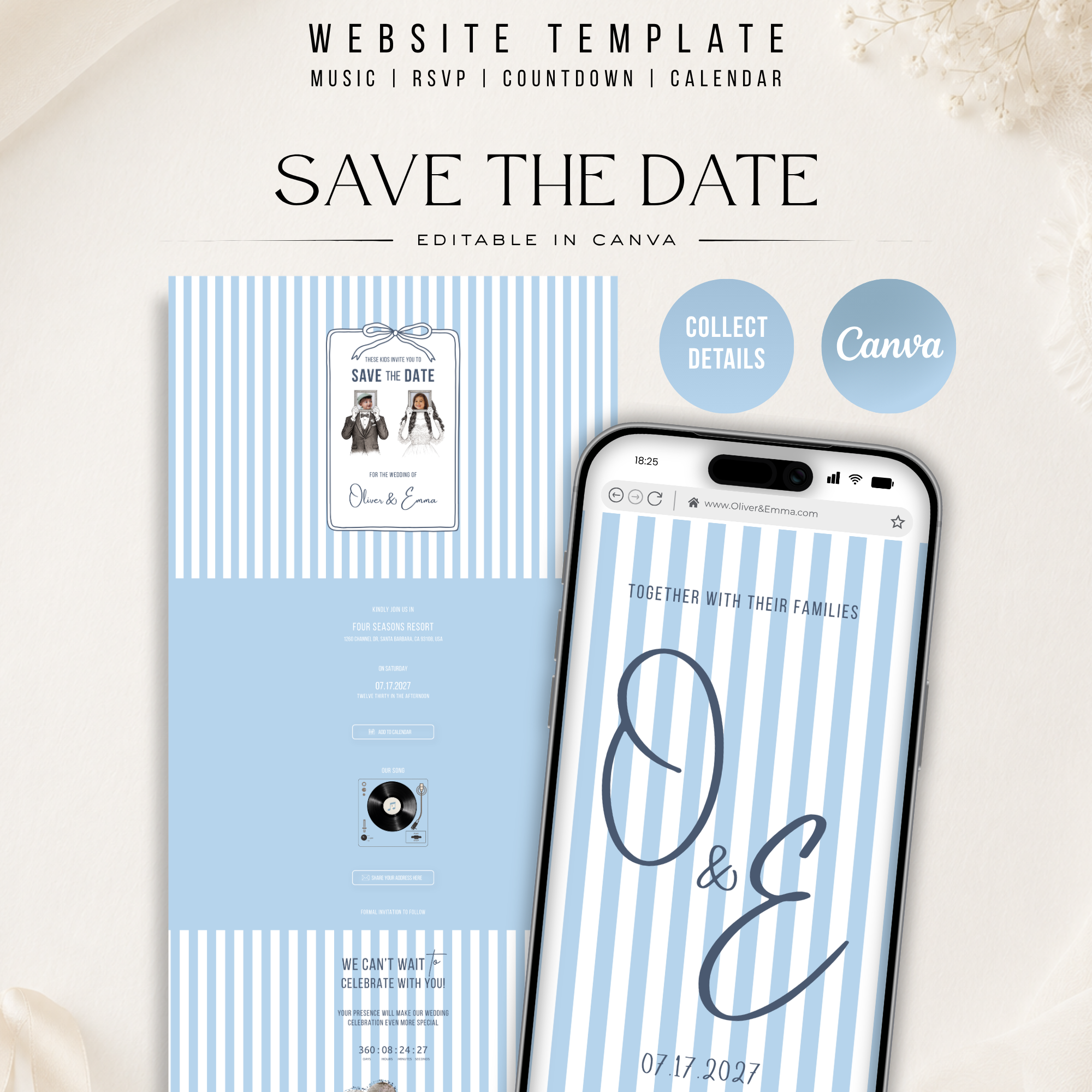 Old Money Dusty Blue Kids Wedding Invitation Website for Save the Date