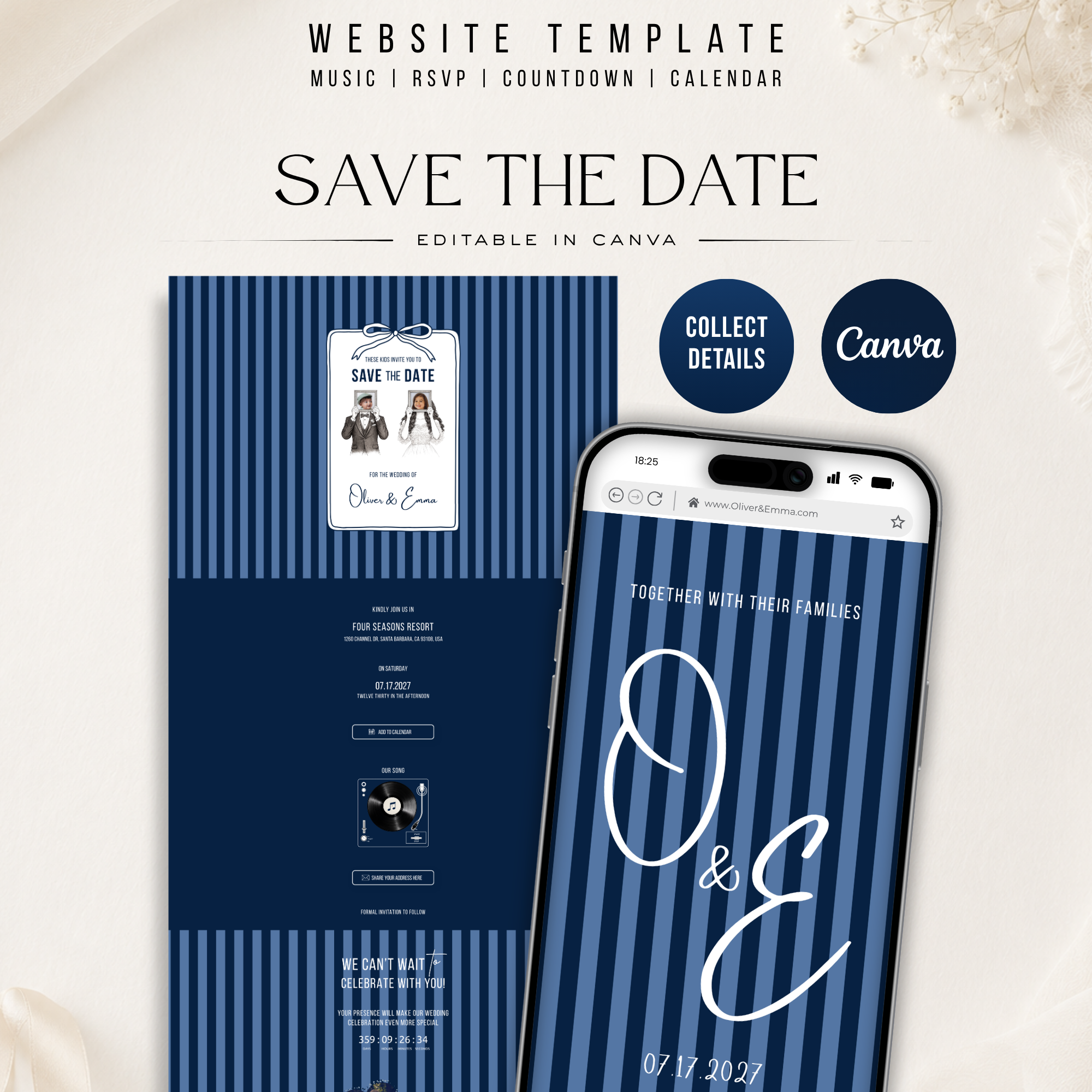 Old Money Navy Kids Wedding Invitation Website for Save the Date