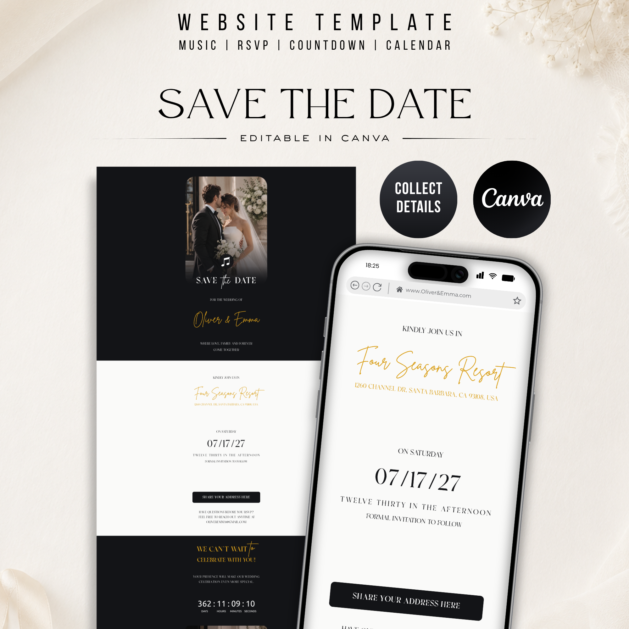 Black & White Save the Date Website Template | Classic Wedding Invitation