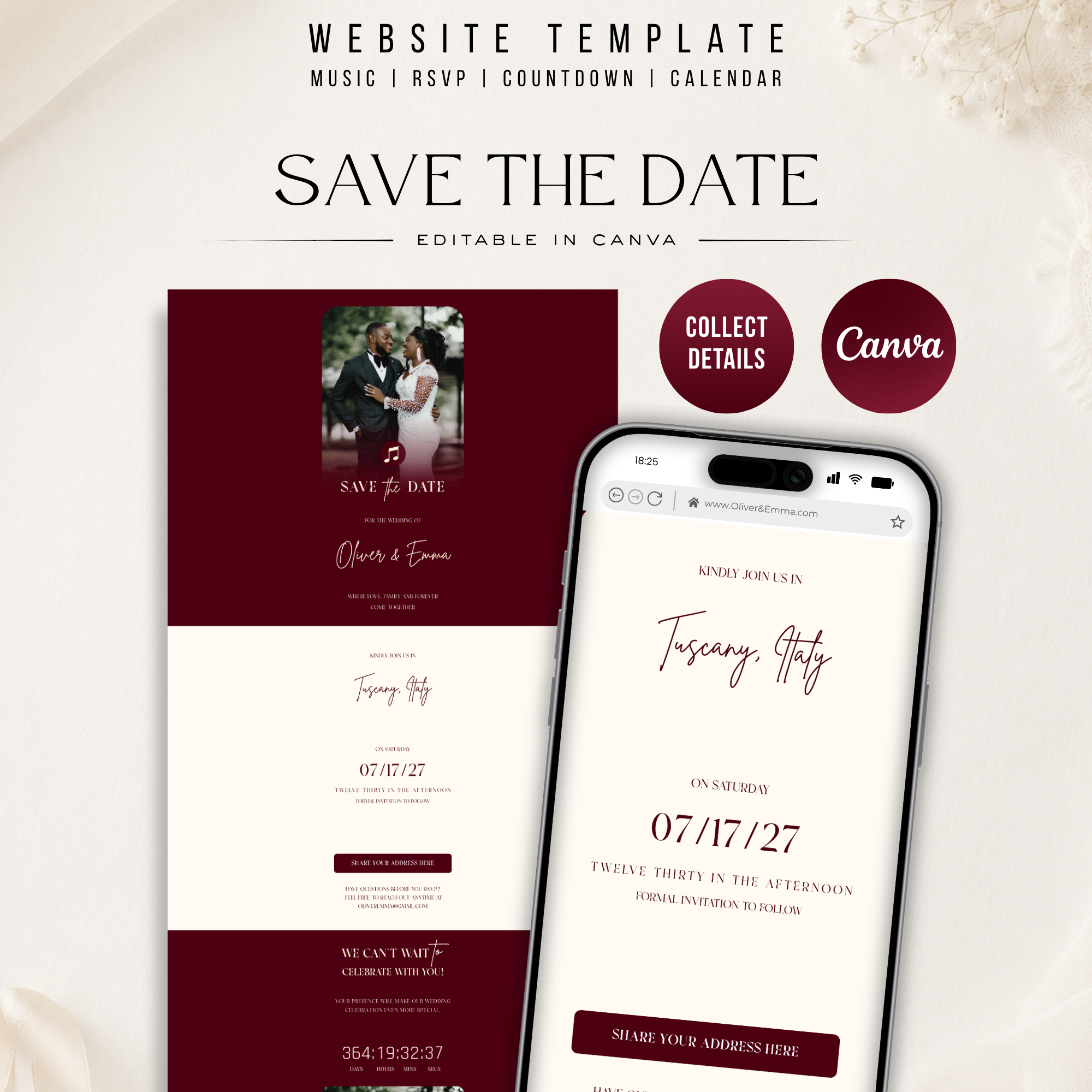 Burgundy Save the Date Website Template | Classic Wedding Invitation